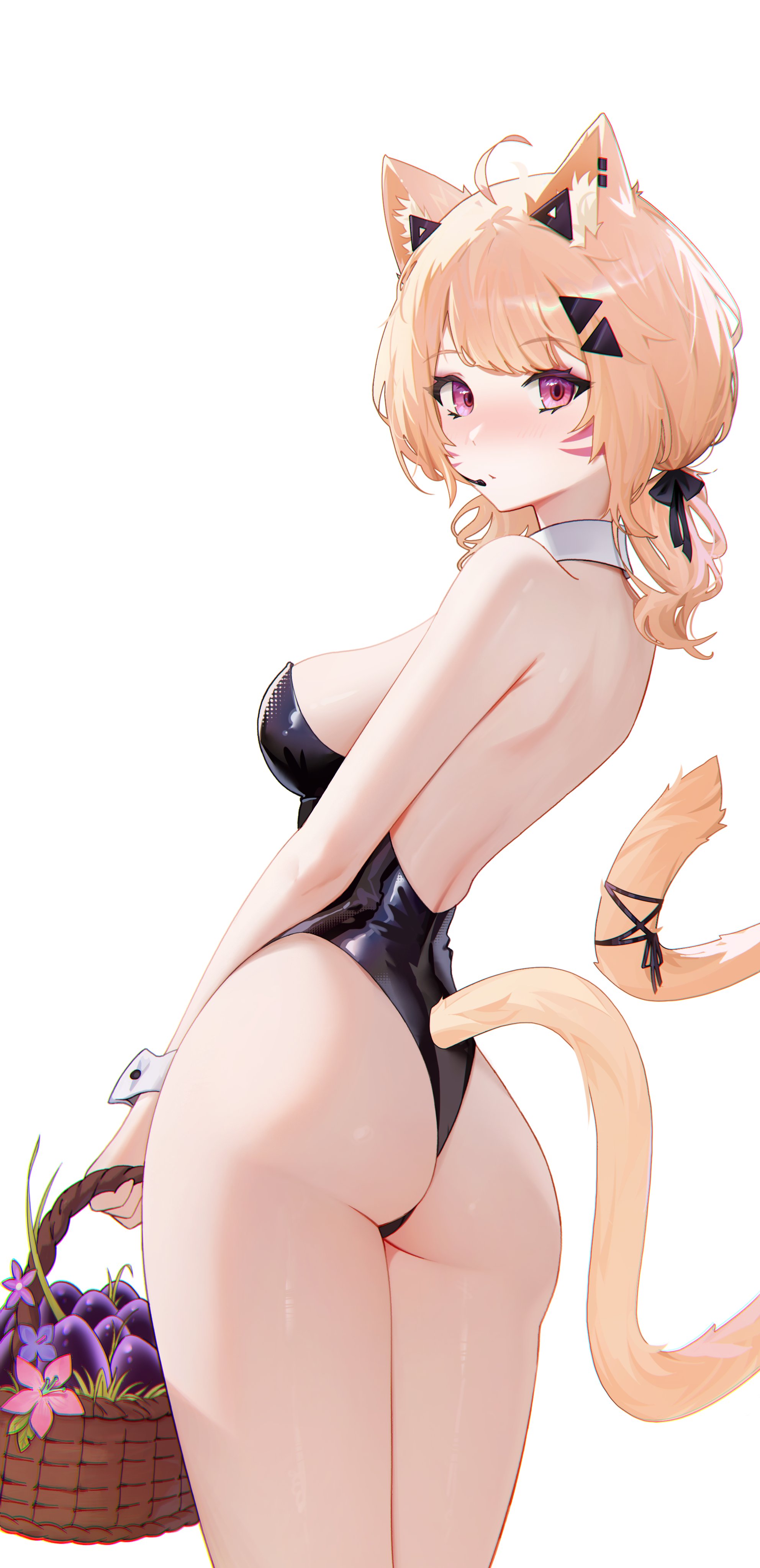 1girls, ahoge, animal ears, ass, back, bangs, bare arms, bare shoulders, basket, black leotard, blonde hair, blush, bow, breasts, cat ears, cat girl, cat tail, catgirl, cowboy shot, detached collar, eyebrows visible through hair, face markings, female, female only, flower, from behind, hair bow, hair ornament, holding, leotard, long hair, looking at viewer, looking back, low twintails, medium breasts, parted lips, purple eyes, red eyes, ribbon, simple background, slit pupils, solo, squchan (vtuber), standing, strapless, strapless leotard, striped, tail, thighs, twintails, virtual youtuber, vyugen, white background, wrist cuffs