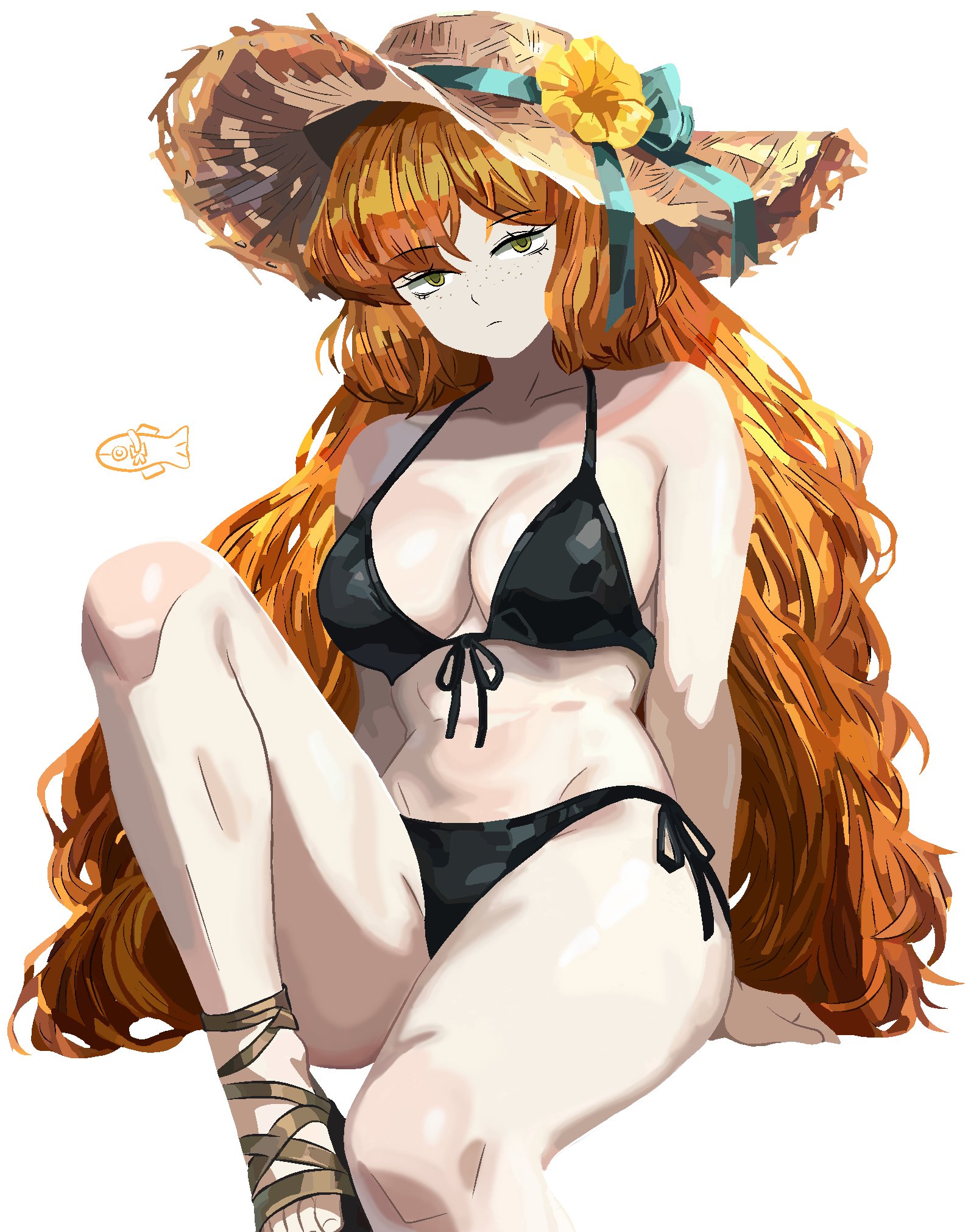 1girls, belly, belly button, big breasts, bikini, bikini bottom, bikini only, bikini top, breasts, female, female focus, female only, hat, ishmael (limbus company), limbus company, looking at viewer, paul camadonnas, project moon, sole female, solo, solo female, solo focus, sun hat, tagme, thick thighs, thighs, tummy, tummy bulge