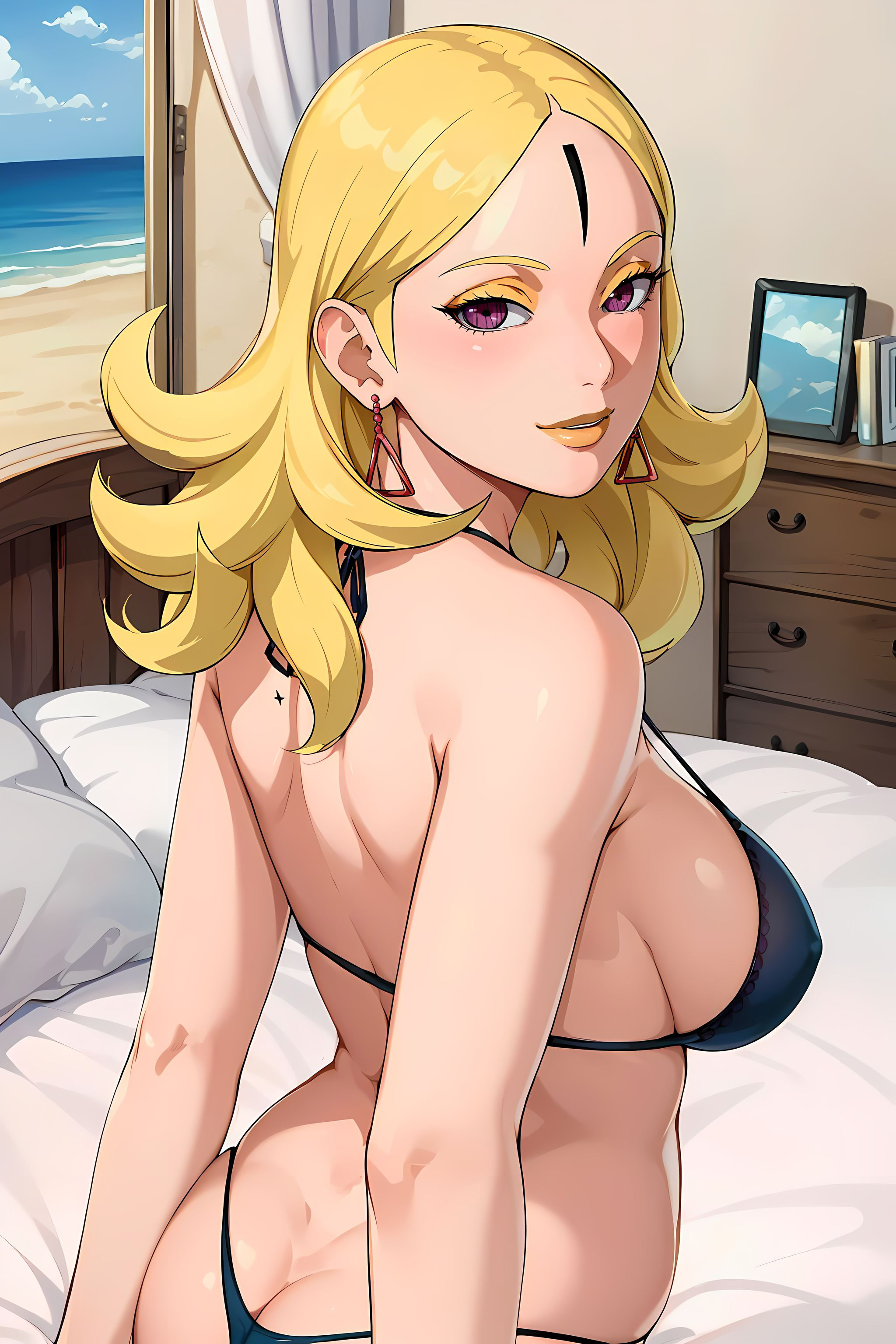 ai generated, back view, bare shoulders, beach background, bikini, bikini top, black bikini, blonde female, blonde hair, blonde-haired female, boruto: naruto next generations, clothed, clothed female, delta (boruto), earrings, female, female only, hotel room, lipstick, looking at viewer, looking back, looking over shoulder, makeup, naruto, naruto (series), pink eyes, yellow lips