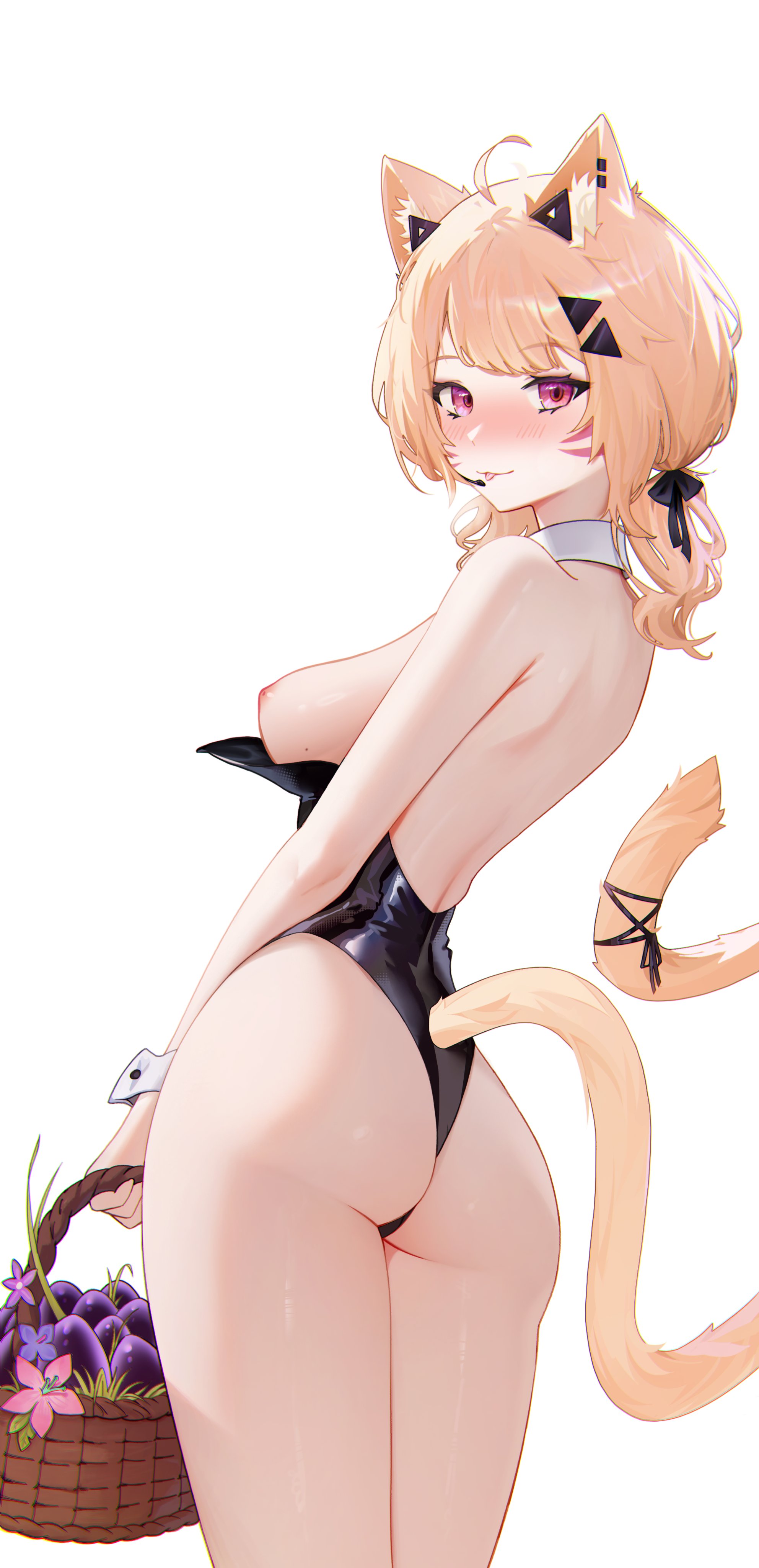1girls, ahoge, animal ears, arm at side, artist name, ass, back, bangs, bare arms, bare shoulders, basket, black leotard, blonde hair, blush, bow, breasts, cat ears, cat girl, cat tail, catgirl, cowboy shot, detached collar, eyebrows visible through hair, face markings, female, female only, flower, from behind, hair bow, hair ornament, hand up, highleg, holding, holding basket, leotard, long hair, looking at viewer, looking back, low twintails, medium breasts, nipples, parted lips, red eyes, ribbon, shoulder blades, sidelocks, simple background, slit pupils, smile, solo, squchan (vtuber), standing, strapless, strapless leotard, tail, thighs, twintails, virtual youtuber, vyugen, white background, wrist cuffs