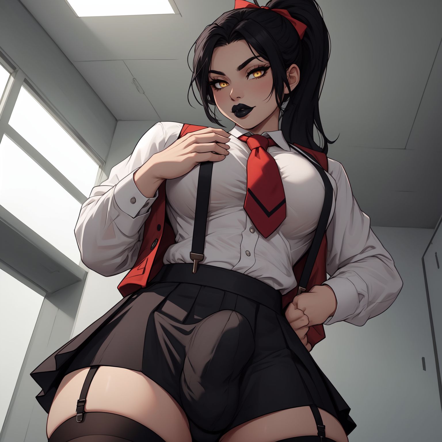 1futa, ai generated, balls, black hair, black lips, bulge through clothing, erection, erection under clothes, erection under skirt, futa only, futanari, intersex, looking at viewer, penis, seductive look, shennru, shirt, skirt, tagme, yellow eyes