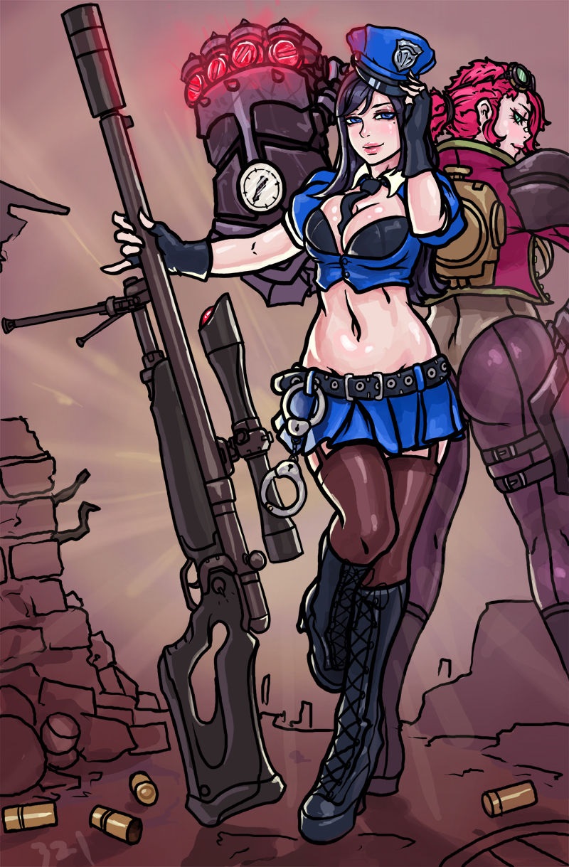 alternate_costume belted_skirt breasts caitlyn_kiramman cosplay duo eyewear_on_head female female_focus female_only girl league_of_legends riot_games samiri short_skirt skirt tomboy unaware vi