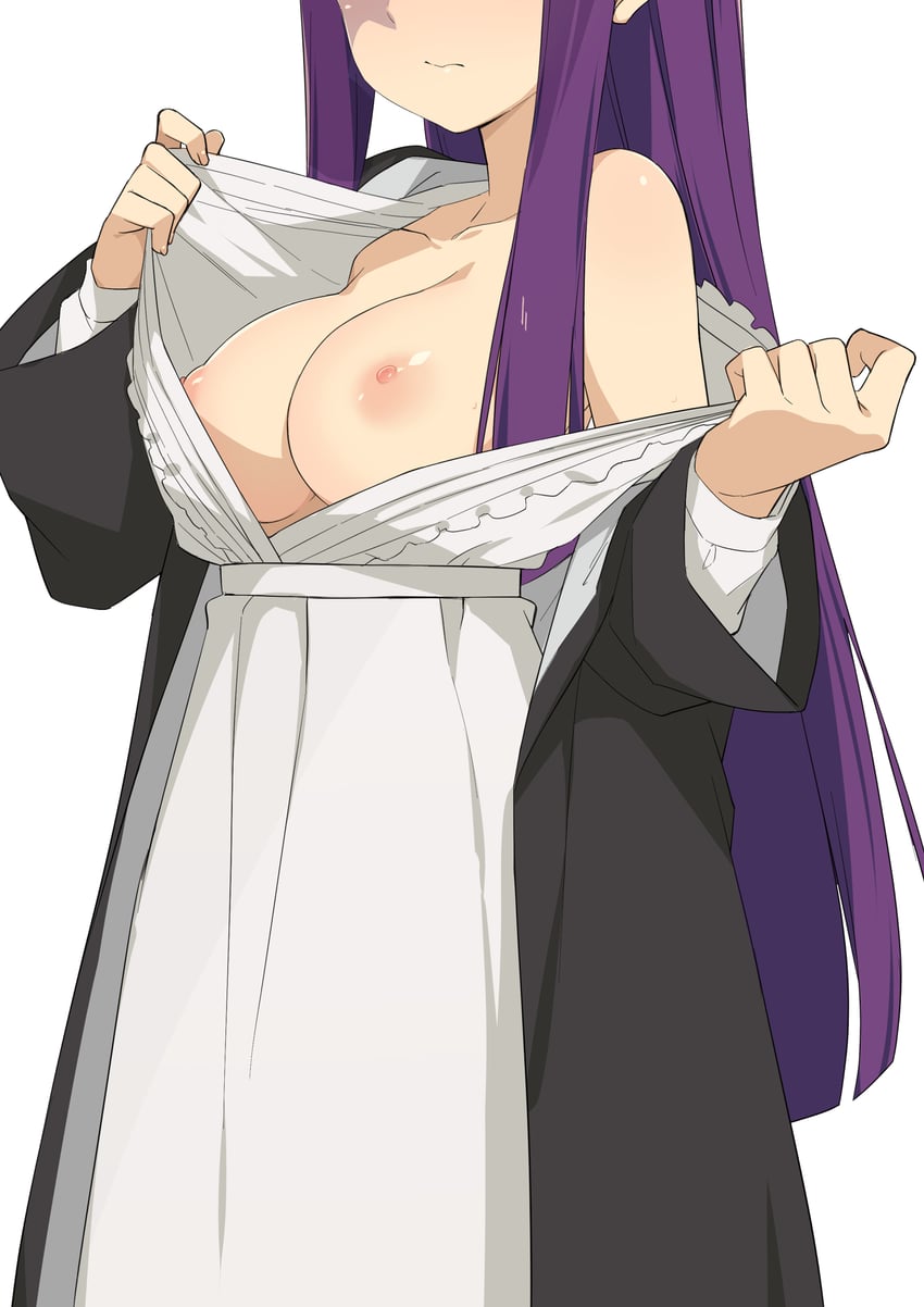 1girls breasts female_only fern_(sousou_no_frieren) morisobo purple_hair showing_breasts sousou_no_frieren undressing white_dress