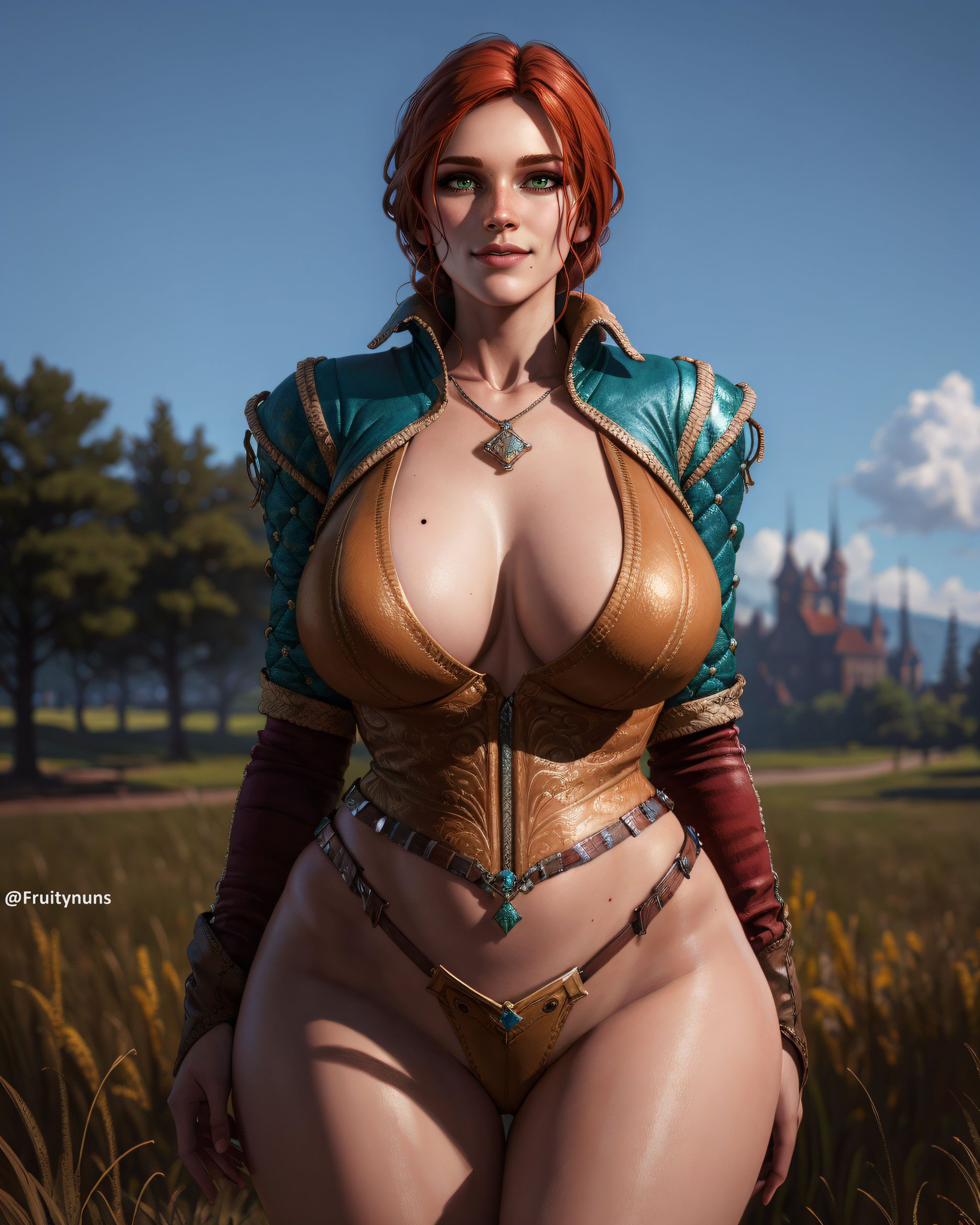 ai generated, big breasts, breasts, curvy female, female, fruitynuns, light skin, light-skinned female, outdoors, red hair, solo, the witcher (series), the witcher 3: wild hunt, triss merigold