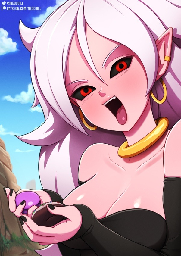 1girls, 2010s, android 21, black sclera, breasts, cleavage, dark persona, dragon ball, dragon ball fighterz, earrings, female, fully clothed, humanoid, long hair, majin, majin android 21, monster girl, neocoill, open mouth, patreon, pink skin, pointy ears, red eyes, white hair