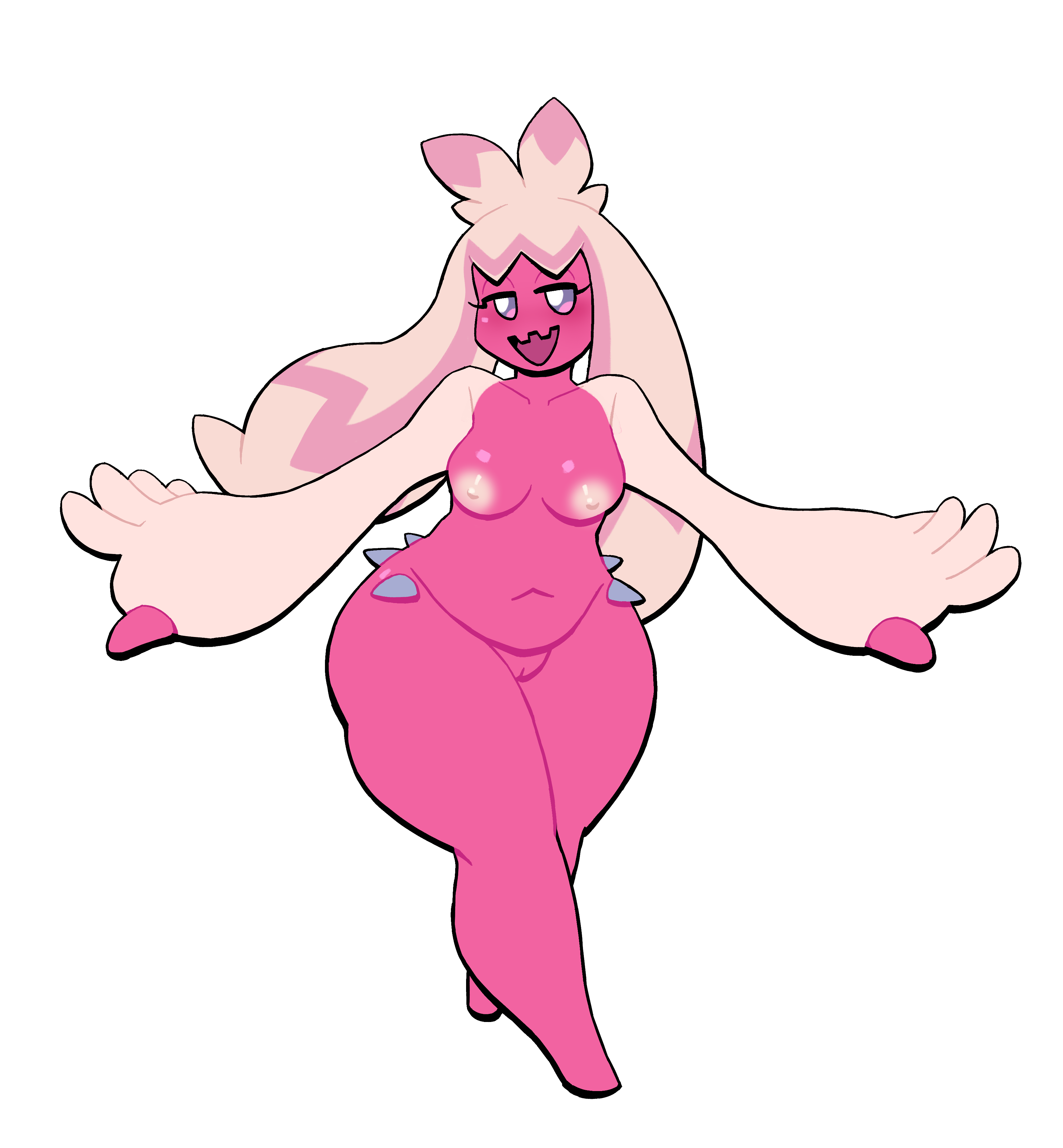 absurd res, bedroom eyes, female, generation 9 pokemon, genitals, hi res, humanoid, lovetopullmicke, narrowed eyes, nintendo, nude, open mouth, open smile, pokemon, pokemon (species), pussy, seductive, simple background, smile, solo, tinkaton, white background