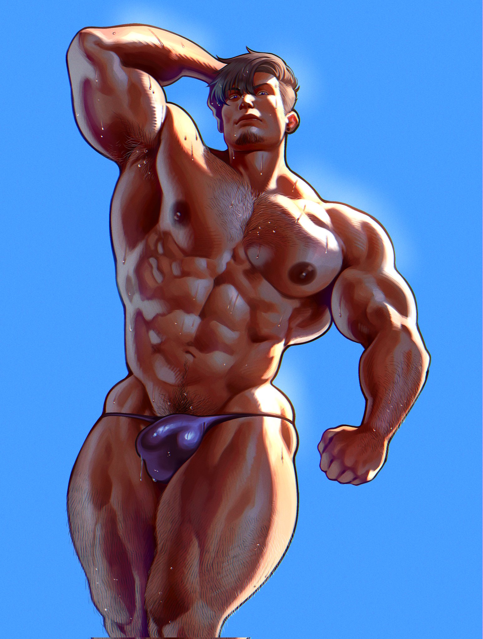 1boy, abs, arm hair, bara, bulge, chest hair, facial hair, gay, jezz mons nsfw, leg hair, male, male focus, male only, muscular, muscular arms, muscular chest, muscular legs, muscular male, nipples, pecs, simple background, solo, solo male, thong, yaoi