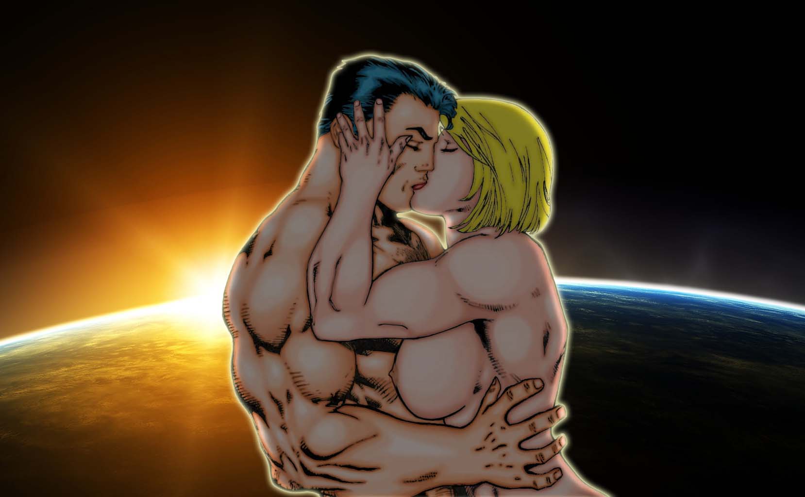 arms biceps big_breasts black_hair blonde_hair breasts closed_eyes crazykong dc_comics earth female hair hand_on_head hands hard_nipples hugging justice_league kara_zor-l karen_starr kissing lips lipstick love male man muscle muscles muscular muscular_female muscular_male nipples nose nude outer_space power_girl short_hair space straight sun sunrise superman superman_(series) woman