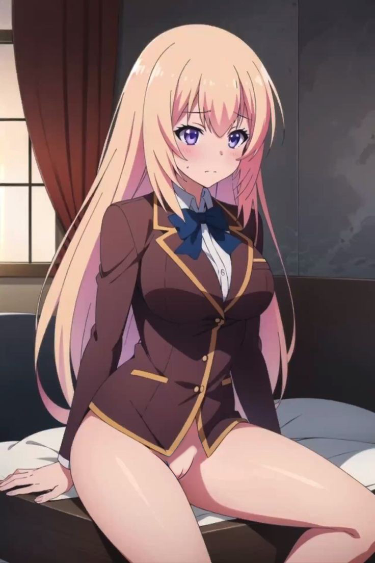 1girls ai_generated blonde_hair blush bottomless classroom_of_the_elite closed_mouth female female_focus female_only highres ichinose_honami_(cote) long_hair nekom14 no_panties purple_eyes pussy school_uniform uncensored youkoso_jitsuryoku_shijou_shugi_no_kyoushitsu_e