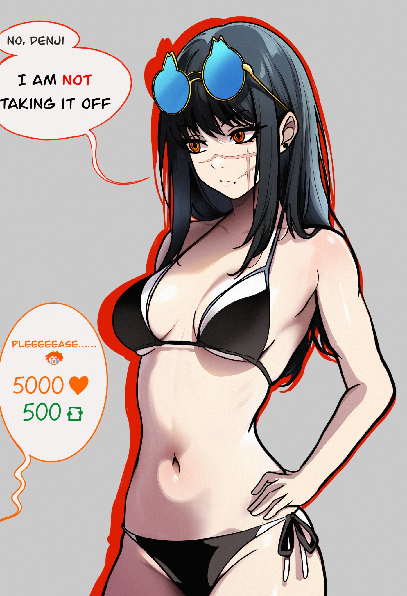 1girls, 2024, ai assisted, ai generated, bikini, black hair, black swimsuit, breasts, chainsaw man, color, cute, dialogue, english text, female, female only, glasses, hand on hip, light skin, light-skinned female, long hair, mentioned character, no sex, orange eyes, redpostit, scar, scar on face, strip game, swimsuit, yoru (chainsaw man)