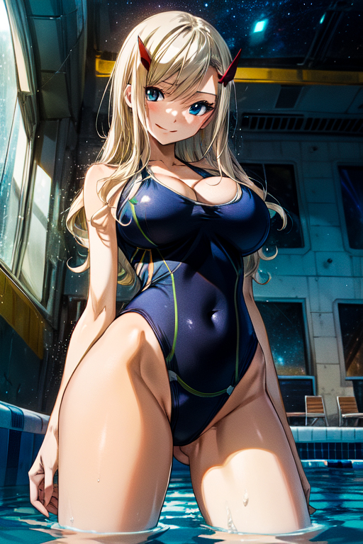 1girls ai_generated big_breasts curvaceous edens_zero hair_ornament hair_pin one-piece_swimsuit pool poolside rebecca_bluegarden solo standing standing_in_water swimsuit