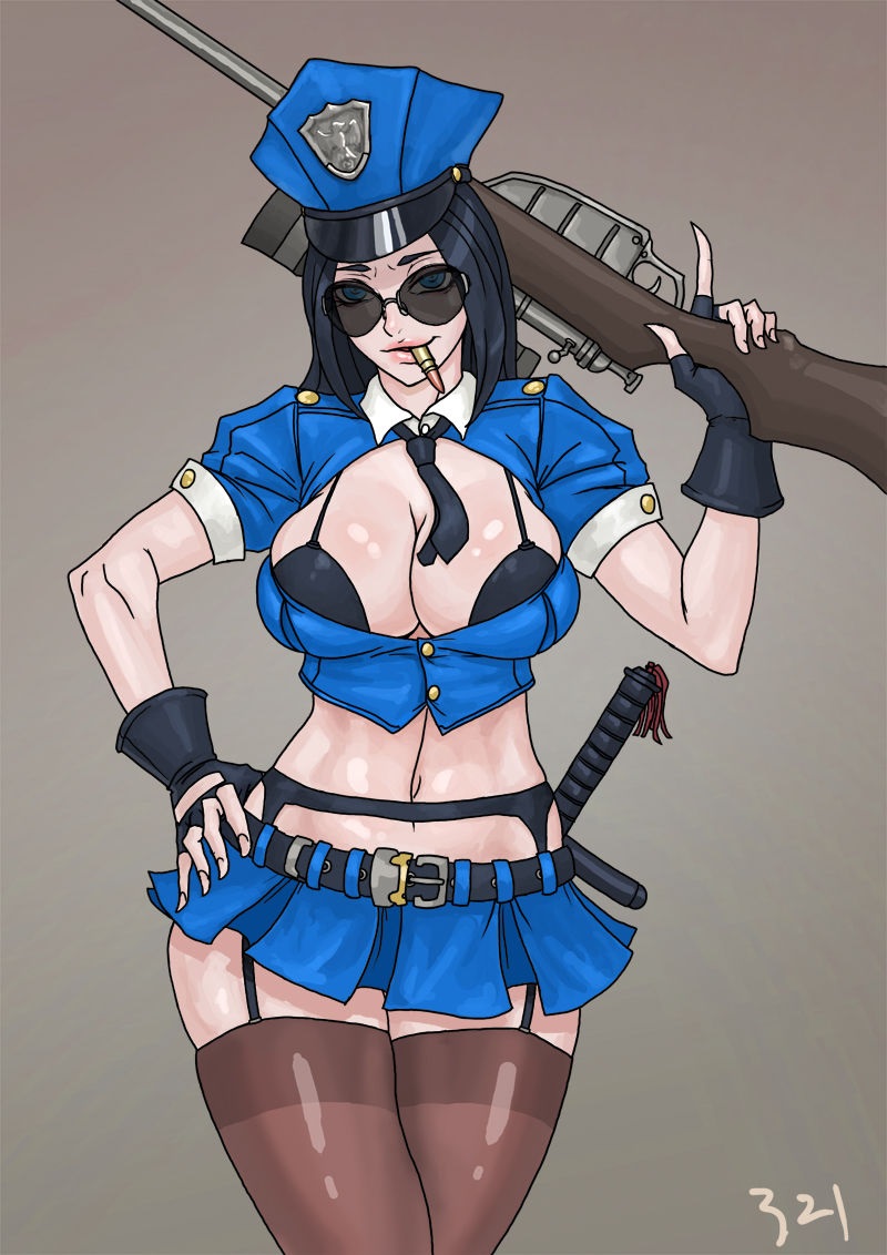 breasts caitlyn_kiramman cops_and_robbers_series female female_focus female_only girl gun league_of_legends officer_caitlyn riot_games samiri simple_background solo solo_female solo_focus sunglasses the_grind_series tinted_eyewear