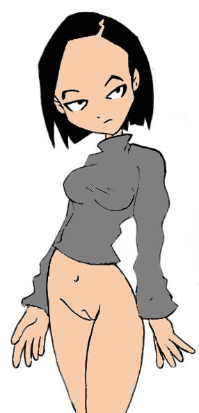 black_hair bottomless code_lyoko female female_only human pale_skin pointy_chin pussy retal4 short_hair solo standing tagme white_background yumi_ishiyama