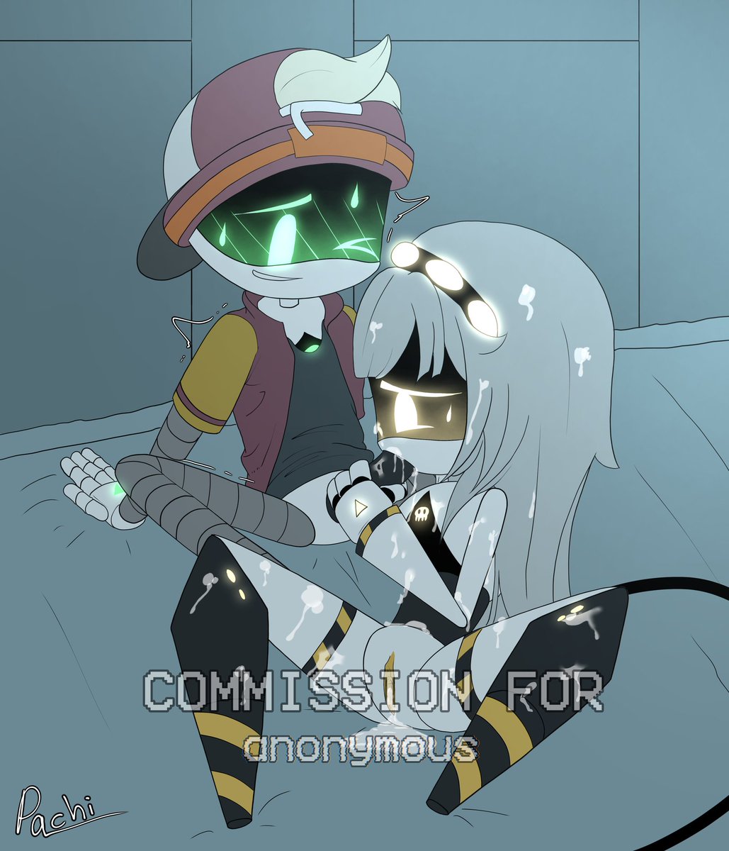 cap, cute, disassembly drone, fellatio, female, glitch productions, j (murder drones), murder drones, pachinsfw, robot, robot boy, robot girl, straight, thad (murder drones), white body, white hair, worker drone