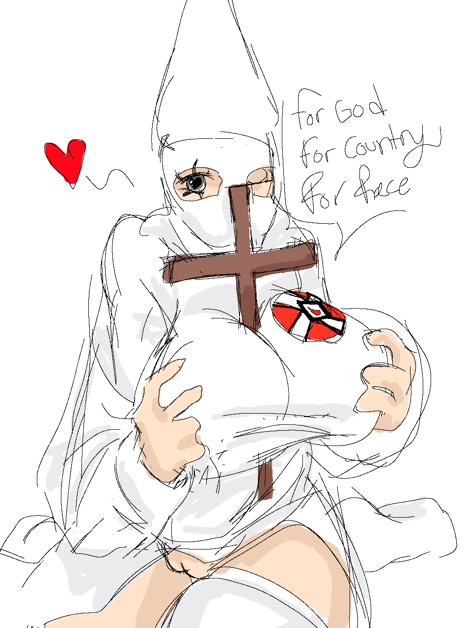 cross green_eyes hood kkk ku_klux_klan pussy racism racist racist_woman robe thighhighs thighs white_legwear white_power white_skin winking_at_viewer