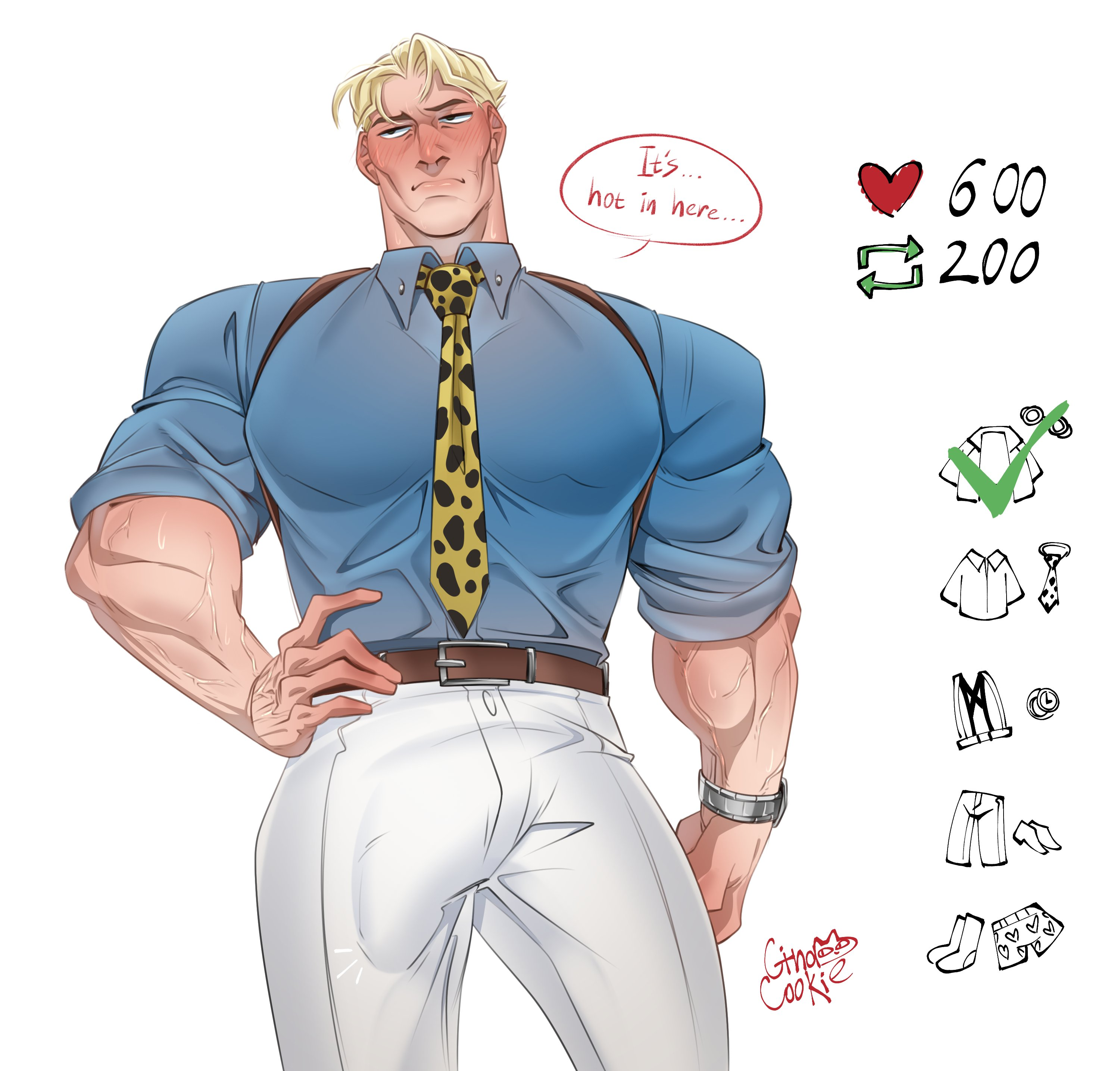 1boy, bara, big bulge, blonde hair, blush, bulge, clothing, erection under clothes, ginacookies, huge bulge, jujutsu kaisen, kento nanami, male, male only, muscular, muscular male, penis, penis outline, tight clothing, yaoi