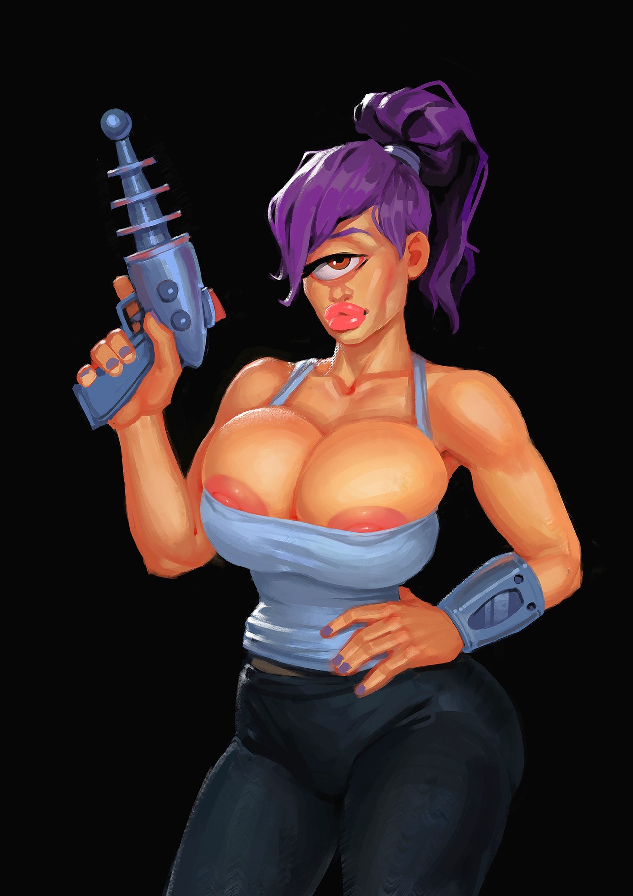 2d, boobsgames, breasts, crop top, female, full color, fully clothed, futurama, gun, leggings, massive breasts, nipple slip, no penetration, raygun, retrofuturism, solo, solo female, turanga leela, weapon