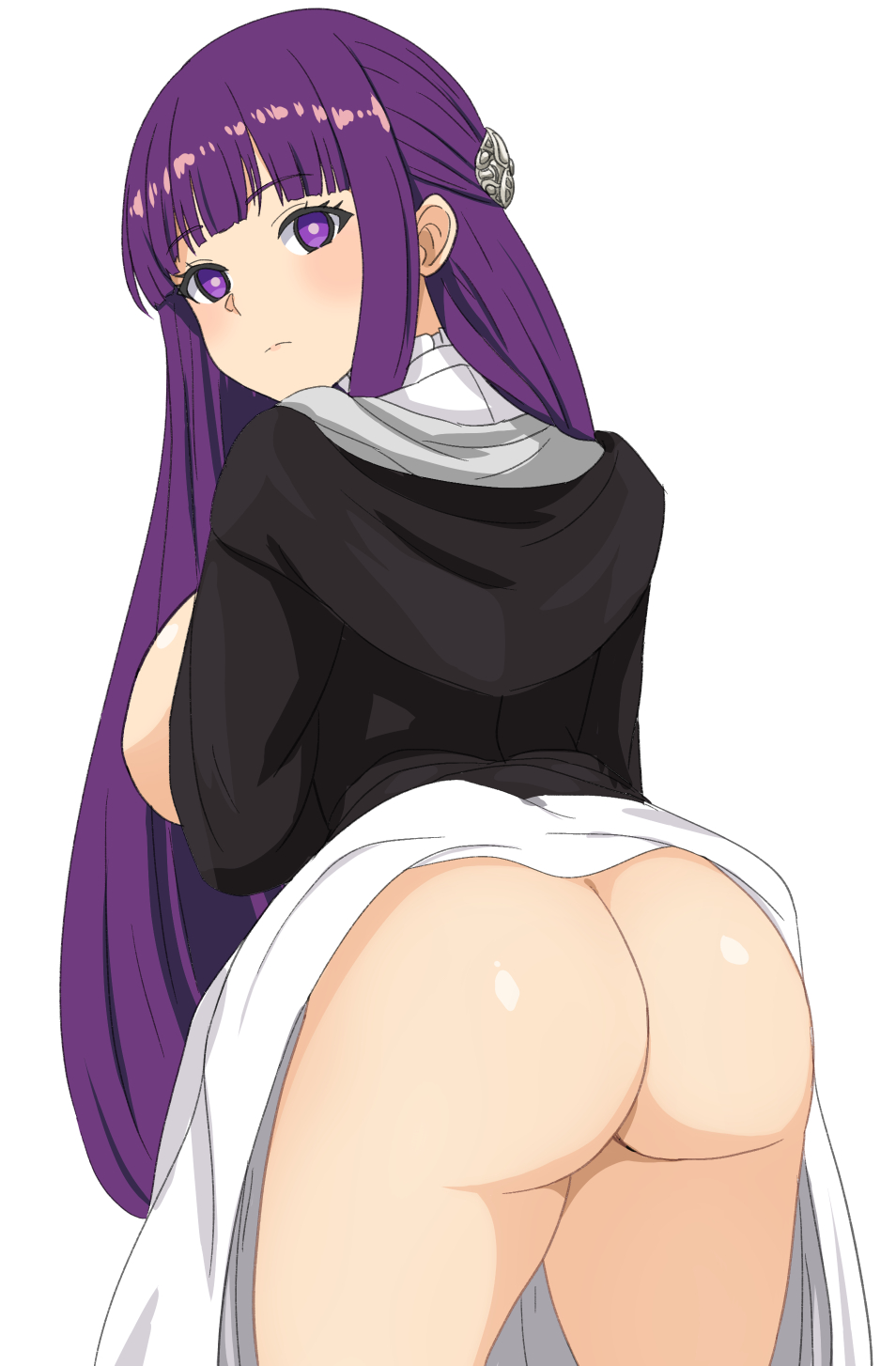 1girls, ass, big breasts, breasts, breasts out, commentary request, english commentary, female, female only, fern (sousou no frieren), hi res, high resolution, highres, looking at viewer, looking back, purple hair, simple background, skirt lift, solo, solo focus, sousou no frieren, tagme