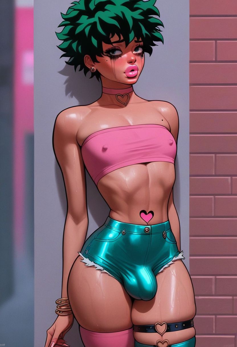1boy, ai generated, bimbo, bimbo lips, cerberuspup77926, choker, cute male, deku, femboy, feminine male, heart tattoo, hotpants, izuku midoriya, leg strap, male, mascara tears, my hero academia, penis, penis bulge, runny makeup, solo focus, solo male, tubetop