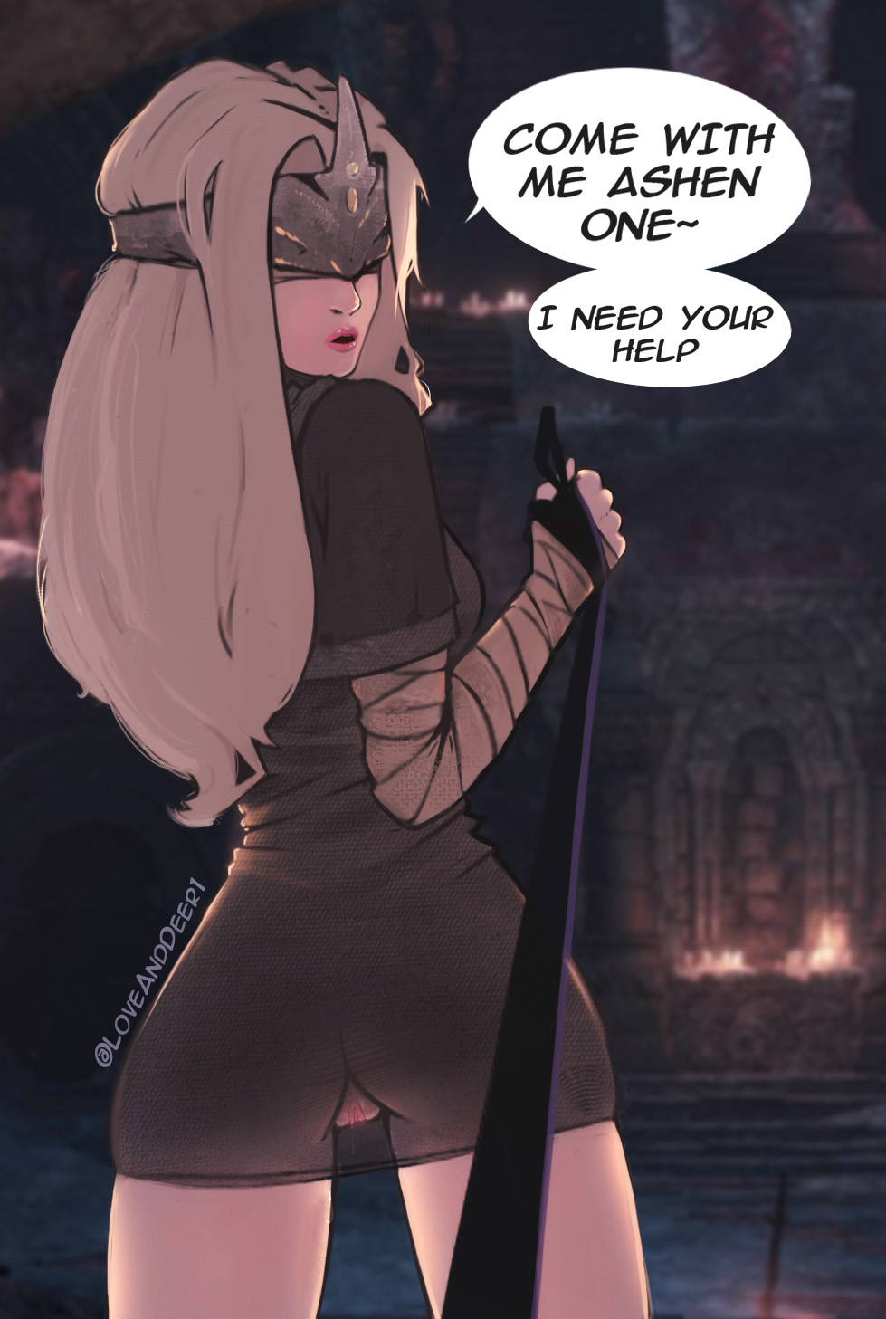 ass ass_focus blonde_hair cute dark_souls dark_souls_3 dress female female_only femdom fire_keeper hips human leash loveanddeer1 pov pussy submissive_pov white_body