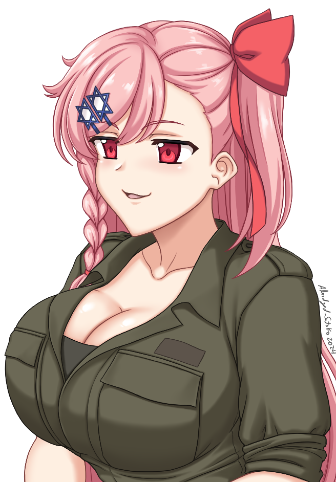 1girls abridged-satoko big_breasts cleavage cleavage_cutout girls'_frontline military_uniform negev_(girls'_frontline) negev_(girls_frontline) pink_hair red_eyes