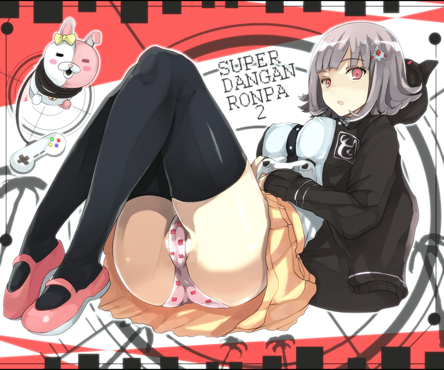 arao, danganronpa, danganronpa 2: goodbye despair, female, grey hair, hair ornament, mary janes, monomi (danganronpa), nanami chiaki, panties, shoes, straight hair, super danganronpa 2