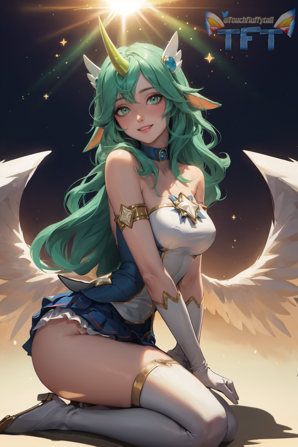 1girls ai_generated animal_ears green_eyes green_hair league_of_legends magical_girl soraka stable_diffusion star_guardian_series star_guardian_soraka touchfluffytails