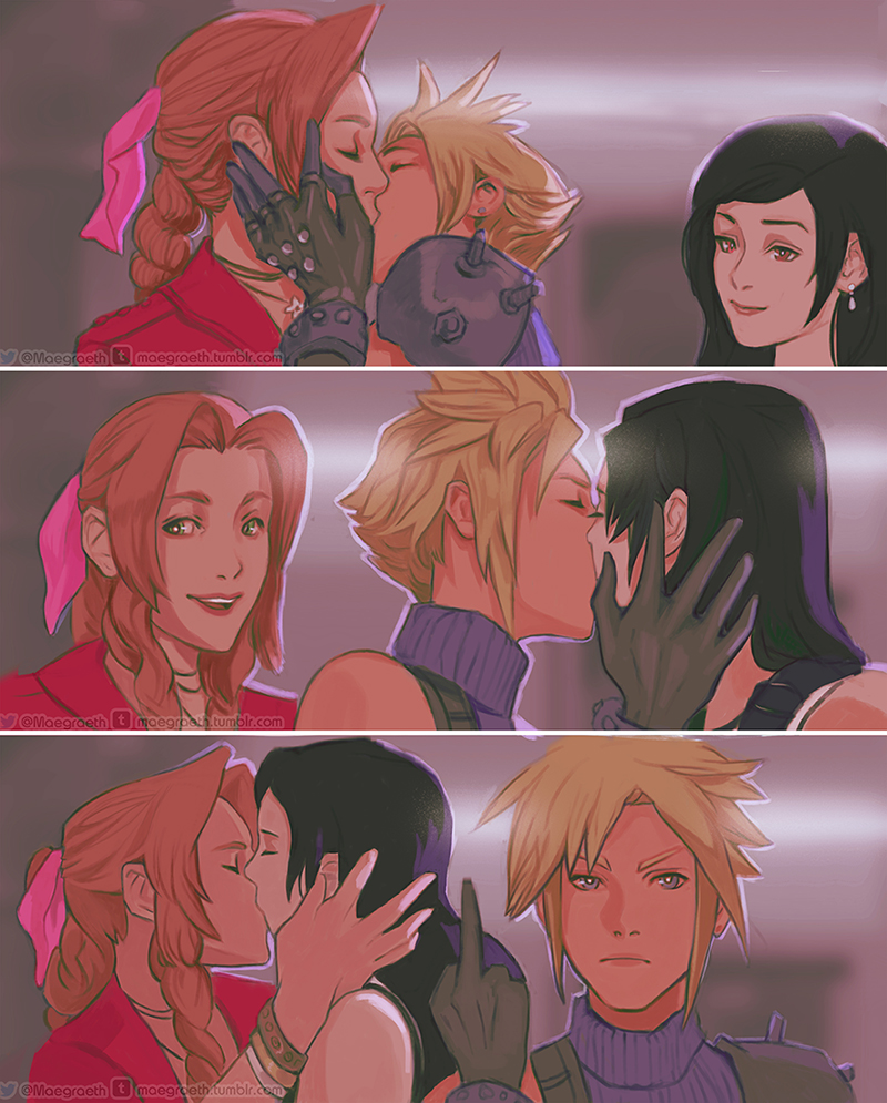 1boy, 2girls, aerith gainsborough, artist request, bisexual, bisexual female, blonde hair, cloud strife, female, female/female, final fantasy, final fantasy vii, final fantasy vii remake, flipping off, flipping the bird, flipping viewer off, gloves, hand on face, kissing, making out, male, male/female, meme, middle finger, red eyes, threesome, tifa lockhart