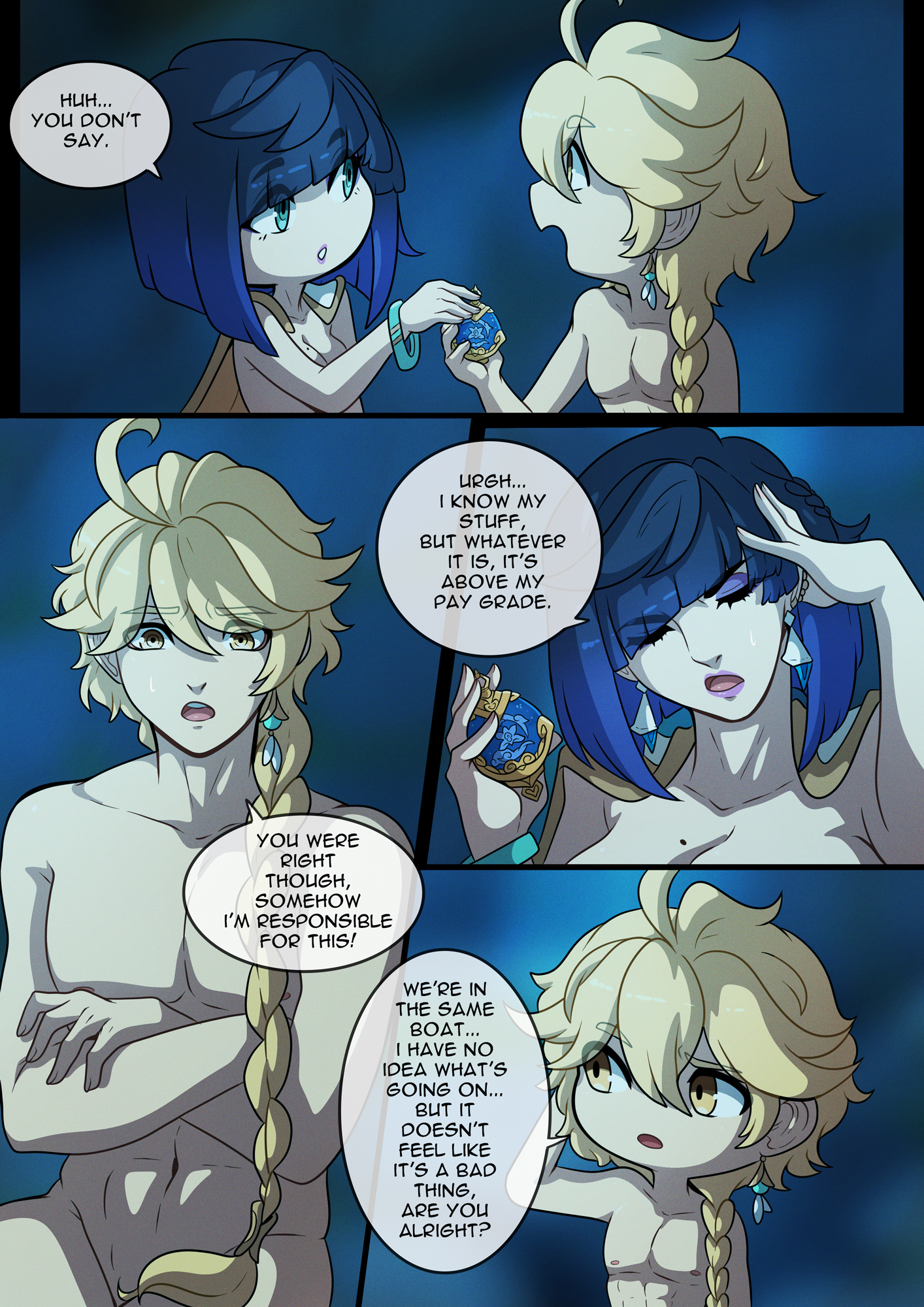 1boy, 1girls, aether (genshin impact), blue hair, braided hair, braided ponytail, comic, eyeshadow, female, genshin impact, kinkymation, lipstick, male, nude, nude female, nude male, ponytail, short hair, yelan (genshin impact)