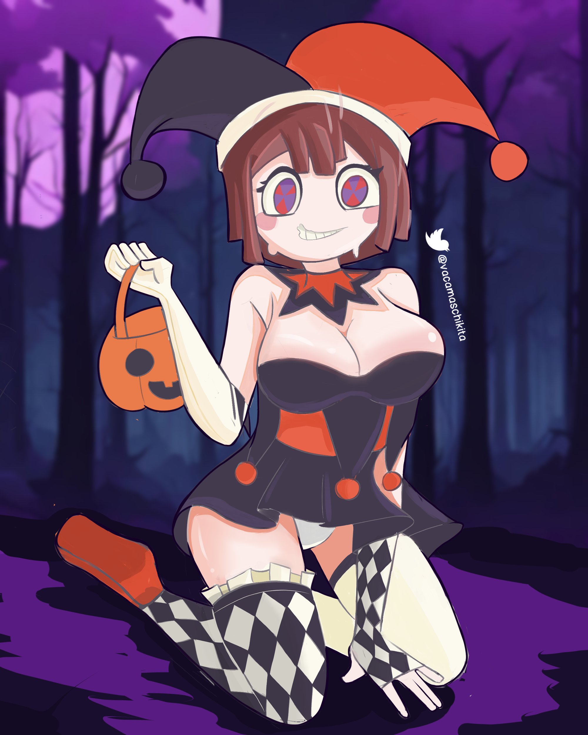 2023, 2d, 2d (artwork), 2d artwork, artist request, breasts, brown hair, cosplay, female, glitch productions, gooseworx, halloween, halloween costume, harley quinn (cosplay), holding object, jester, jester costume, jester hat, jester outfit, looking at viewer, medium breasts, panties, pomni, pomni (the amazing digital circus), pumpkin, short hair, sweatdrop, tagme, the amazing digital circus, thick thighs, thighs, white body