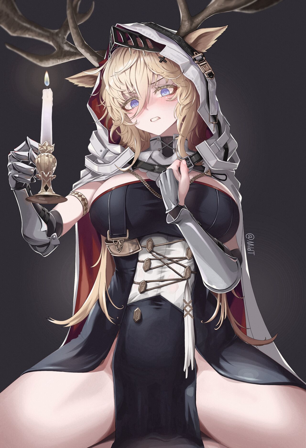 1boy, 1girls, 2023, animal ears, antlers, arknights, artist name, blonde hair, blue eyes, blush, candle, cowgirl position, deer ears, deer girl, female, gloves, hi res, hood, kemonomimi, light skin, light-skinned female, long hair, male, mildt, spread legs, viviana (arknights)