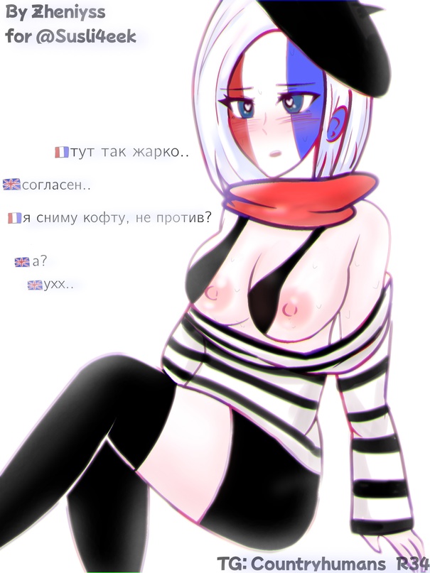 1boy 1boy1girl 1boys 1girl 1girls beret blue_eyes countryhumans countryhumans_girl france_(countryhumans) hetero heterosexual russian_text small_breasts straight thigh_highs thighhighs tits_out united_kingdom_(countryhumans) white_background white_hair white_skin zheniyss