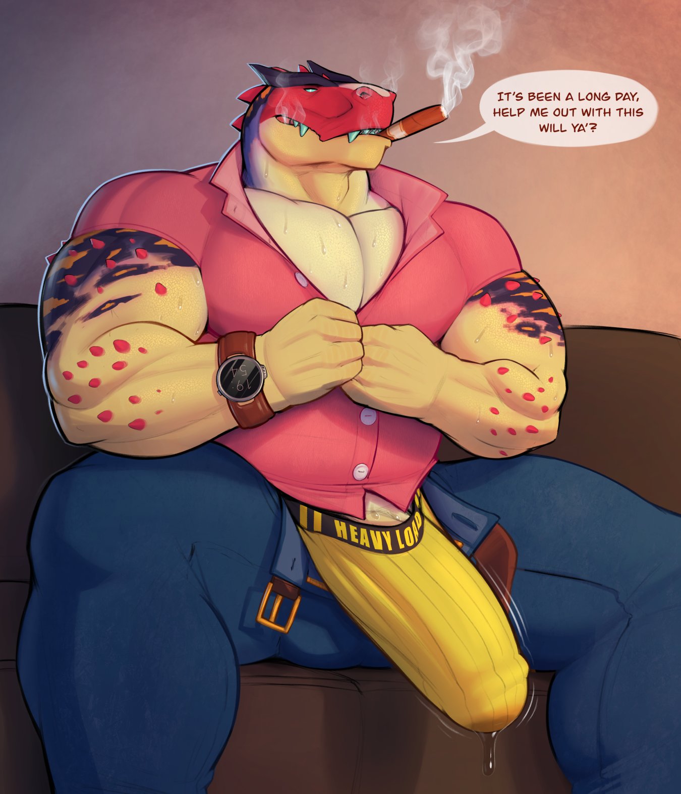 2023 anthro barazoku belt biceps big_bulge big_muscles big_penis blush bodily_fluids boner bottomwear bulge cigar clock clothed clothing denim denim_clothing dialogue dinosaur english_text erection erection_under_clothing furniture genital_fluids genitals hi_res huge_bulge huge_cock huge_muscles humanoid_genitalia humanoid_penis inside inviting jeans long_penis looking_at_viewer male male_only motion_lines muscular muscular_anthro muscular_male narrowed_eyes on_sofa pants pecs penis penis_base precum precum_through_clothing precum_through_underwear presenting presenting_penis razzper reptile scales scalie shirt sitting smoke smoking sofa solo sweat talking_to_viewer teeth tenting text text_on_clothing text_on_underwear thick_thighs topwear unbuttoning underwear undressing unzipped watch wet wet_clothing zipper