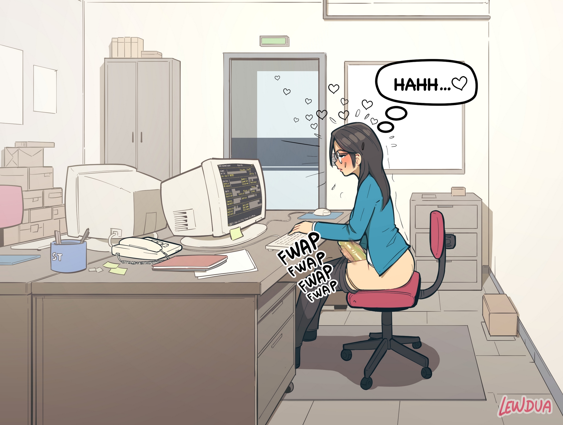 1futa, 2023, balls, big breasts, big penis, black hair, blush, breasts, caroline (lewdua), clothed, clothing, computer, condom, condom filling, desktop, electronics, erection, eyewear, futa only, futanari, glasses, horny, huge balls, human, intersex, lewdua, light skin, light-skinned futa, long hair, masturbation, mostly clothed, office, office lady, original, pale skin, pants down, penis, penis out, public, round glasses, smooth balls, smooth penis, solo, stealth masturbation, unnamed office futa (lewdua)