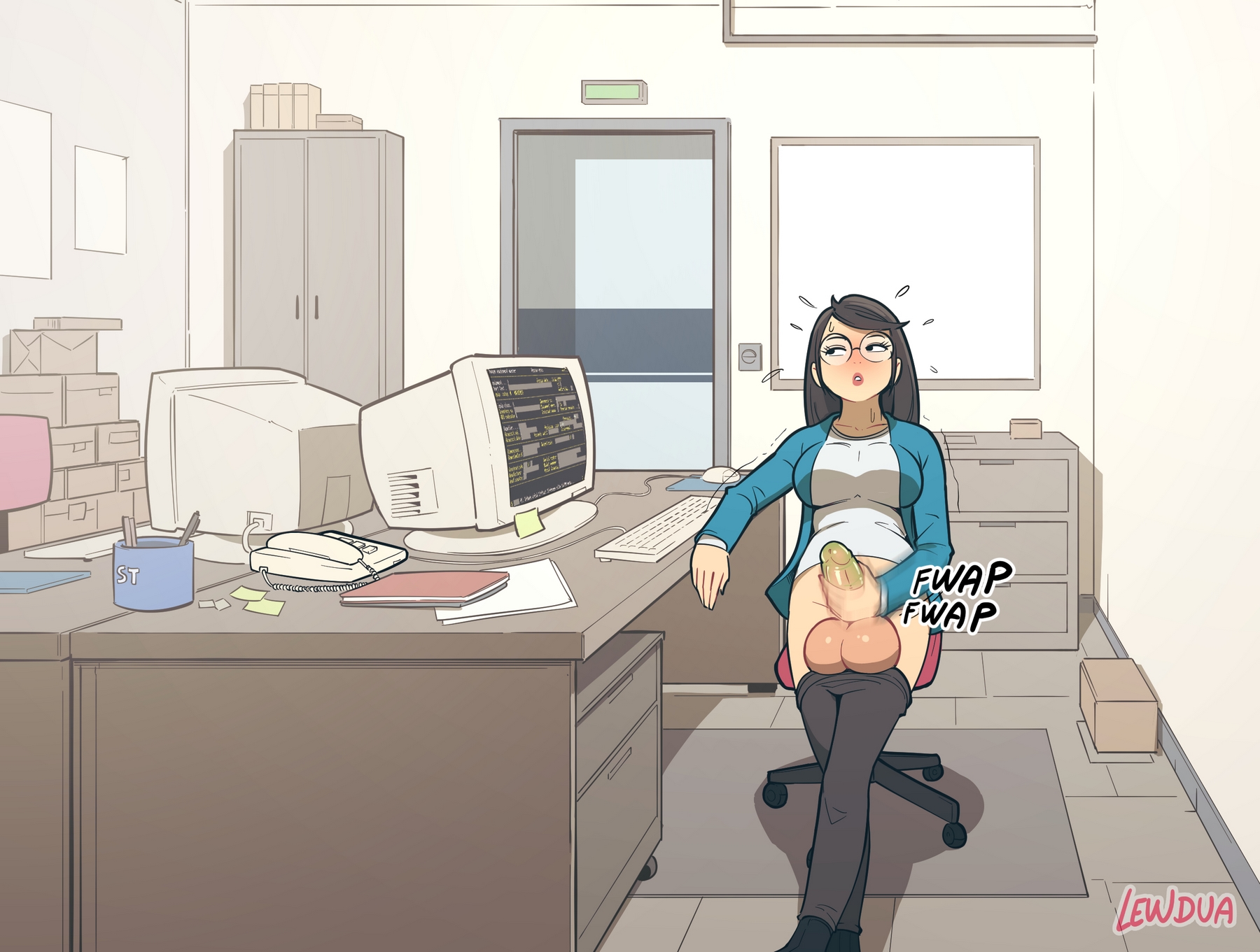1futa, 2023, balls, big breasts, big penis, black hair, blush, breasts, caroline (lewdua), clothed, clothing, computer, condom, condom filling, desktop, electronics, erection, eyewear, futa only, futanari, glasses, horny, huge balls, human, intersex, lewdua, light skin, light-skinned futa, long hair, masturbation, mostly clothed, office, office lady, original, pale skin, pants down, penis, penis out, public, round glasses, smooth balls, smooth penis, solo, stealth masturbation, unnamed office futa (lewdua)
