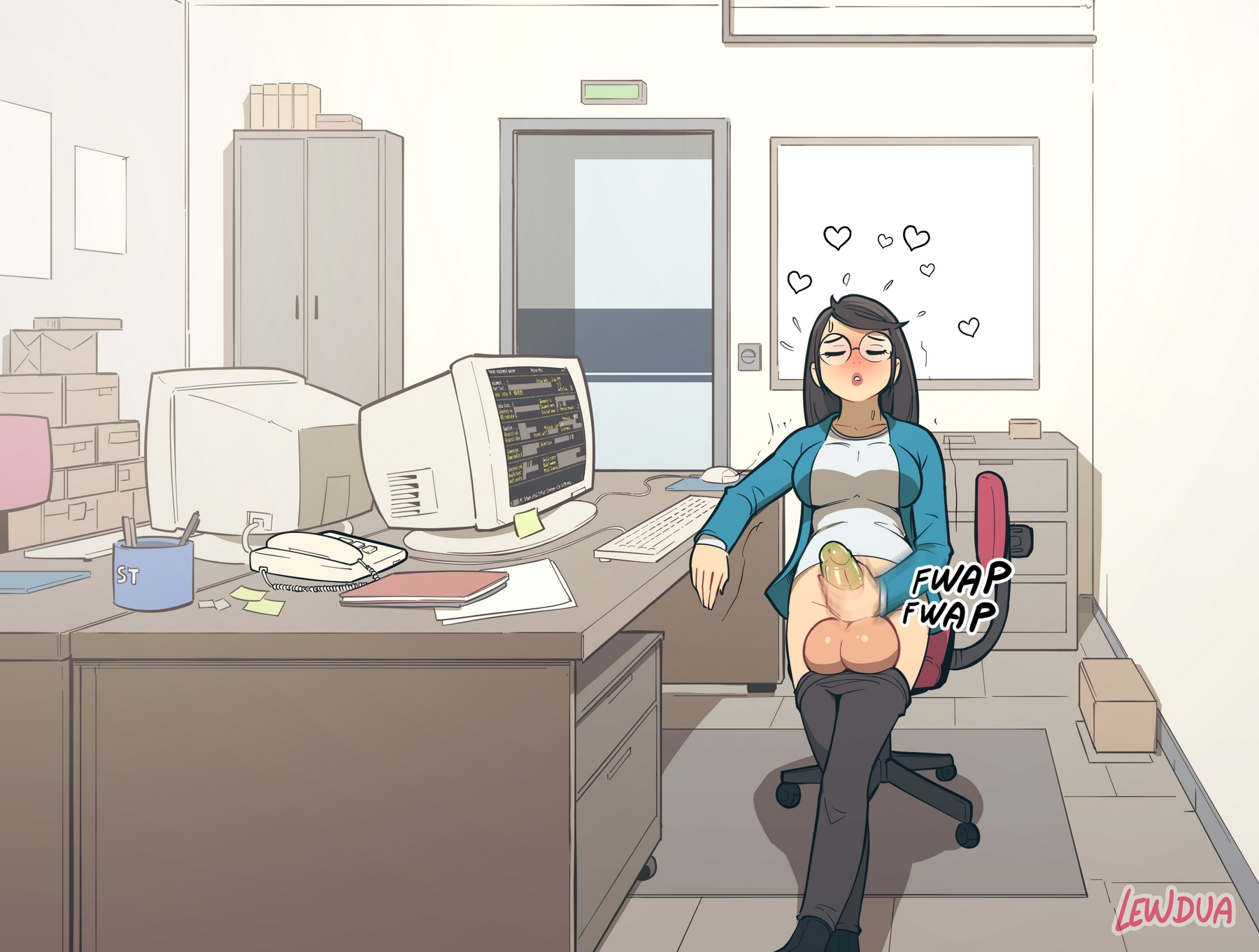 1futa, 2023, balls, balls on leg, big breasts, big penis, black hair, blush, breasts, caroline (lewdua), clothed, clothing, computer, condom, condom filling, desktop, electronics, erection, eyewear, futa only, futanari, glasses, horny, huge balls, human, intersex, lewdua, light skin, light-skinned futa, long hair, masturbation, mostly clothed, office, office lady, on back, original, pale skin, pants down, penis, penis out, public, round glasses, sitting, smooth balls, smooth penis, solo, stealth masturbation, unnamed office futa (lewdua)