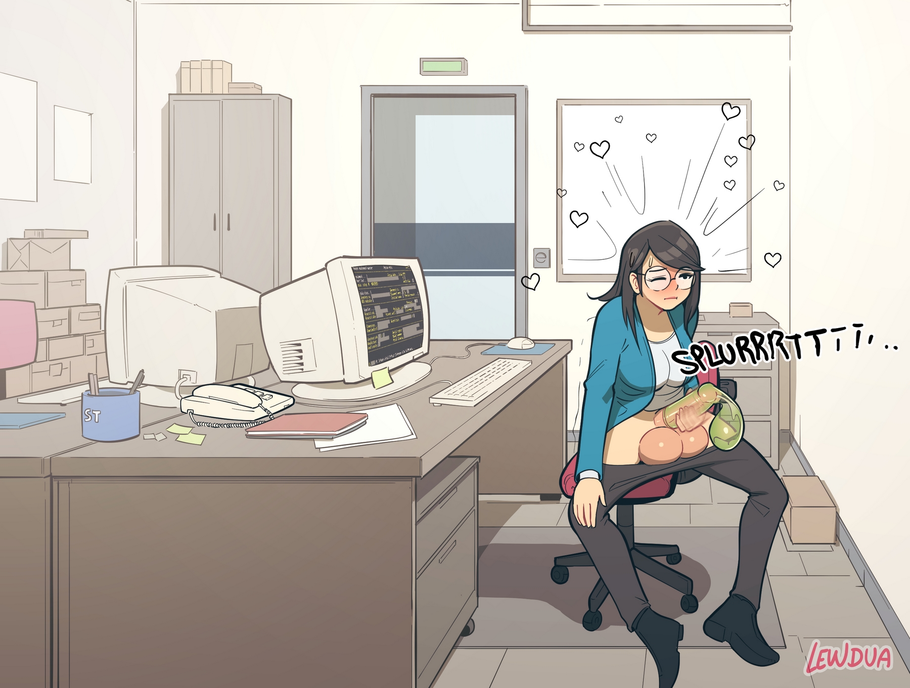 1futa, 2023, balls, balls squish, big breasts, big penis, black hair, blush, breasts, caroline (lewdua), clothed, clothing, computer, condom, condom filling, cum, desktop, ejaculation, electronics, erection, eyewear, futa only, futanari, glasses, horny, huge balls, human, intersex, lewdua, light skin, light-skinned futa, long hair, masturbation, mostly clothed, office, office lady, orgasm, original, pale skin, pants down, penis, penis out, public, round glasses, smooth balls, smooth penis, solo, stealth masturbation, unnamed office futa (lewdua)