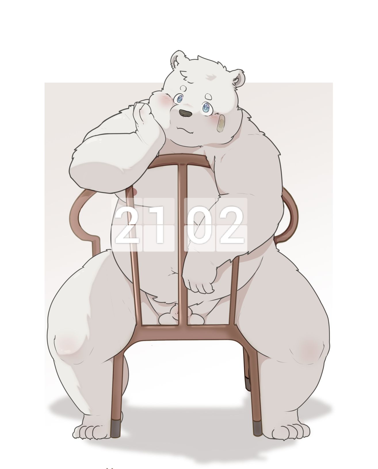 2023 anthro awa_awa balls band-aid bandage bear belly black_nose chair flaccid furniture genitals hi_res humanoid_hands kemono male mammal moobs nipples overweight overweight_male penis polar_bear simple_background sitting small_penis solo ursine white_body young