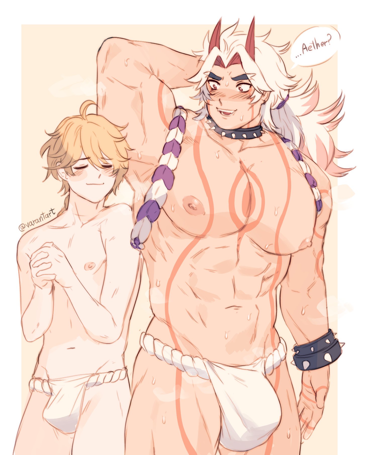 2boys, aether (genshin impact), arataki itto, armpit, armpit fetish, armpits, blonde hair, bulge, fundoshi, genshin impact, hand behind head, hands behind head, male, male only, moobs, muscular, muscular arms, muscular male, nipples, pecs, shy, smelling armpit, spiked bracelet, spiked collar, tattoo, twink, underwear, varantart, white hair