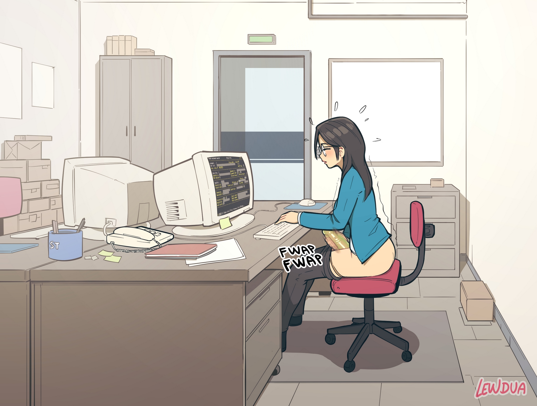 1futa, 2023, balls, big breasts, big penis, black hair, blush, breasts, caroline (lewdua), clothed, clothing, computer, condom, condom filling, desktop, electronics, erection, eyewear, futa only, futanari, glasses, horny, huge balls, human, intersex, lewdua, light skin, light-skinned futa, long hair, masturbation, mostly clothed, office, office lady, original, pale skin, pants down, penis, penis out, public, round glasses, smooth balls, smooth penis, solo, stealth masturbation, unnamed office futa (lewdua)