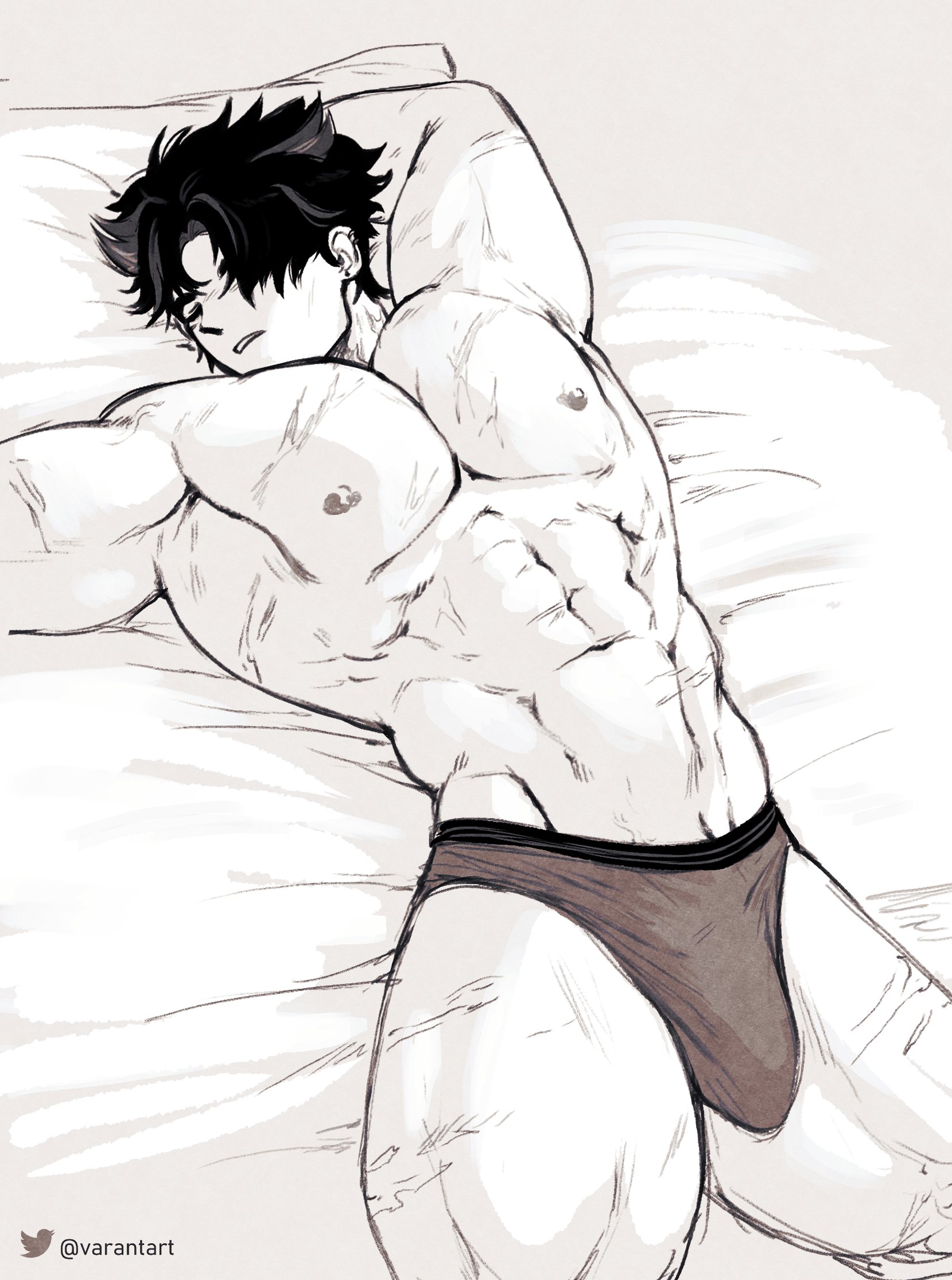 black hair, bulge, genshin impact, male, male only, moobs, muscular, muscular arms, muscular male, pecs, scars, sleeping, thighs, underwear, varantart, wriothesley (genshin impact)