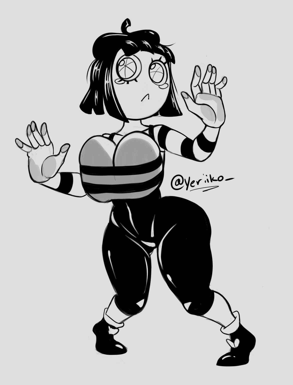 2023, 2d, artist request, ass, big ass, big breasts, big thighs, black and white, black pants, breasts, cosplay, female, glitch productions, gooseworx, looking at viewer, mime, pomni, pomni (the amazing digital circus), solo, squeezing breast, striped clothing, tagme, the amazing digital circus, thick thighs