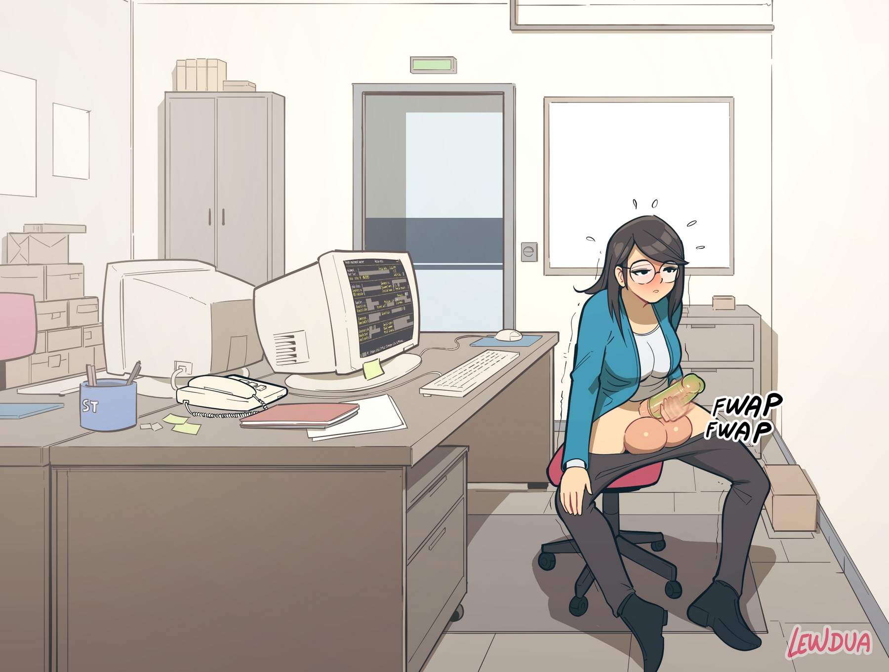 1futa, 2023, balls, balls squish, big breasts, big penis, black hair, blush, breasts, caroline (lewdua), clothed, clothing, computer, condom, condom filling, desktop, electronics, erection, eyewear, futa only, futanari, glasses, horny, huge balls, human, intersex, lewdua, light skin, light-skinned futa, long hair, masturbation, mostly clothed, office, office lady, original, oversized balls, pale skin, pants down, penis, penis out, public, round glasses, smooth balls, smooth penis, solo, spread legs, stealth masturbation, unnamed office futa (lewdua)