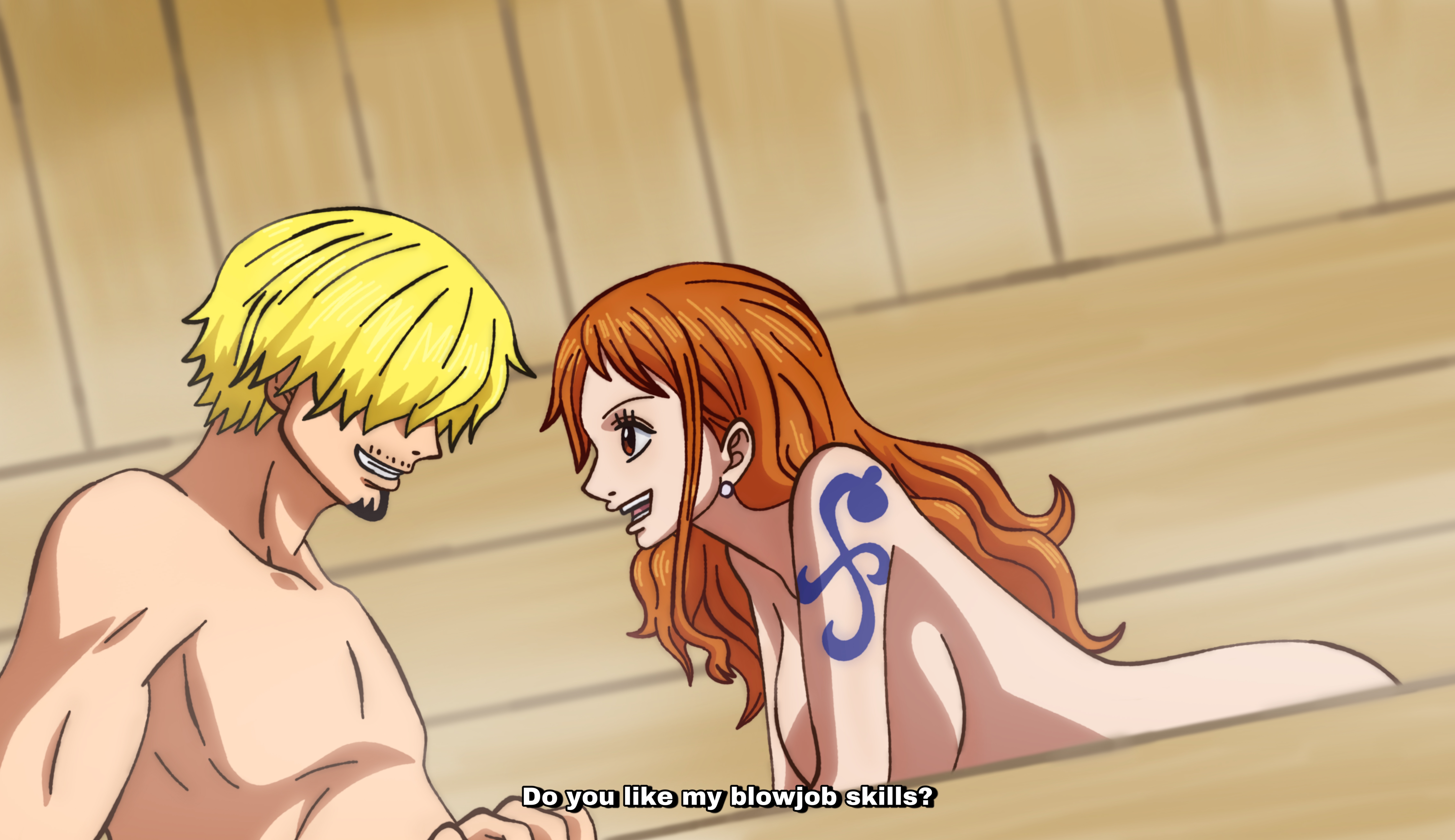 1boy, 1boy1girl, 1girls, abs, accurate art style, after fellatio, arm tattoo, bath, bathhouse, bathing, bathing together, bathroom, bathroom sex, big breasts, blonde hair, blonde-haired male, blue tattoo, breasts, brown eyes, brown-eyed female, completely naked, completely nude, dialogue, earrings, english dialogue, english text, eyebrows, eyelashes, female, fit, fit female, goatee, inminent sex, kneeling, large breasts, light skin, light-skinned female, long hair, long-haired female, male, mixed bathing, muscular, muscular male, nami (one piece), nude, nude female, nude male, one piece, open mouth, orange hair, orange-haired female, pearl earrings, post-timeskip, rao jackman, sex, steam, talking, talking to partner, tattoo, tattoo on arm, tattooed arm, upper body, vinsmoke sanji, voluptuous, voluptuous female, white earrings, wooden bathtub, wooden wall