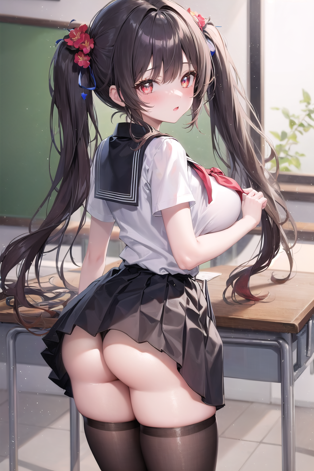 1girls, ai generated, alternate costume, ass, ass focus, blush, breasts, brown hair, embarrassed, female, from behind, genshin impact, hair flower, hair ornament, hu tao (genshin impact), large breasts, long hair, looking at viewer, looking back, open mouth, red eyes, school uniform, schoolgirl, shiny, shiny hair, shiny skin, sideboob, skirt, solo, thong, twintails, very long hair