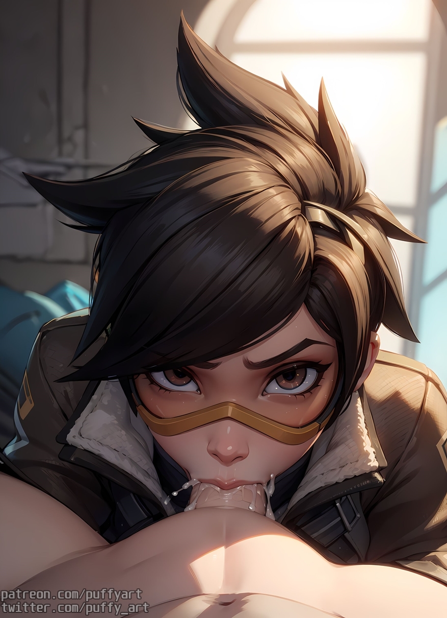 1boy, 1girls, ai generated, athletic, athletic female, blizzard entertainment, blowjob, british, brown eyes, cum, cum in mouth, cum in throat, cum inside, deepthroat, deepthroat no hands, european, eye contact, fellatio, female, female focus, glasses, hands-free, human, light skin, light-skinned male, male, oral, oral sex, overwatch, overwatch 2, partially clothed, penis, penis in mouth, petite, pov, pov eye contact, puffyart, seductive eyes, seductive mouth, short hair, straight, sucking, sucking penis, swallowing, tight throat, tracer