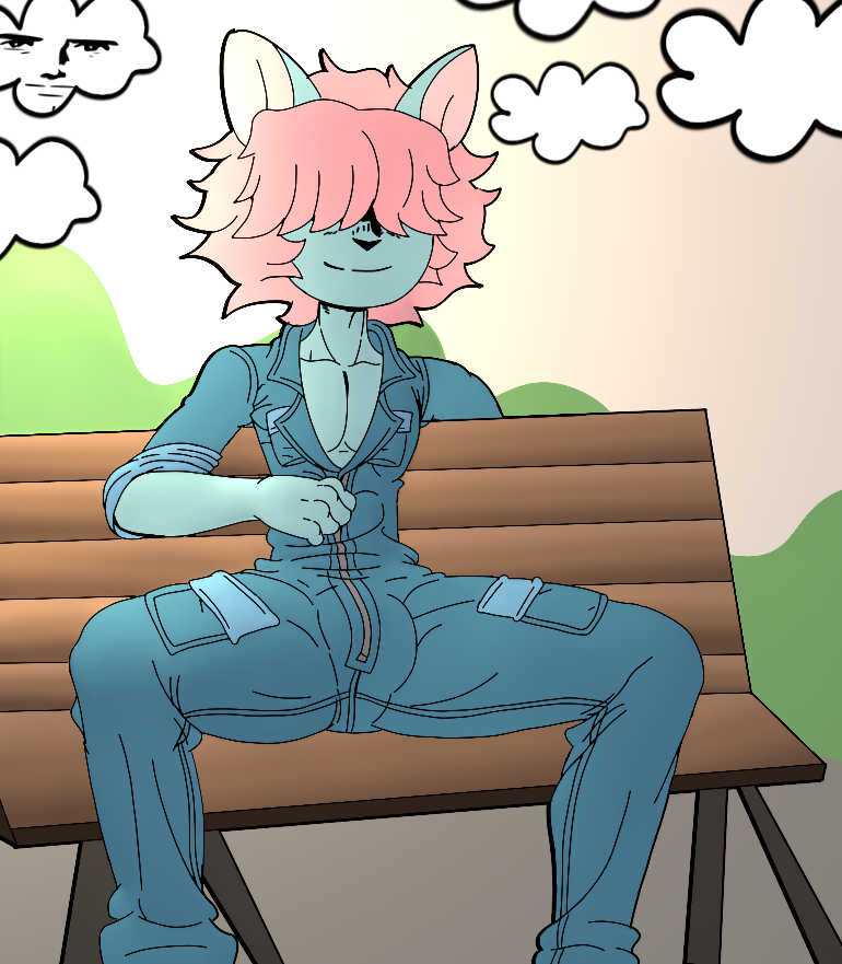 bench bulge cat_ears cat_tail femboy furry furu_flami furu_ice parody pink_hair seductive_look sitting_on_chair thick_thighs yaranaika