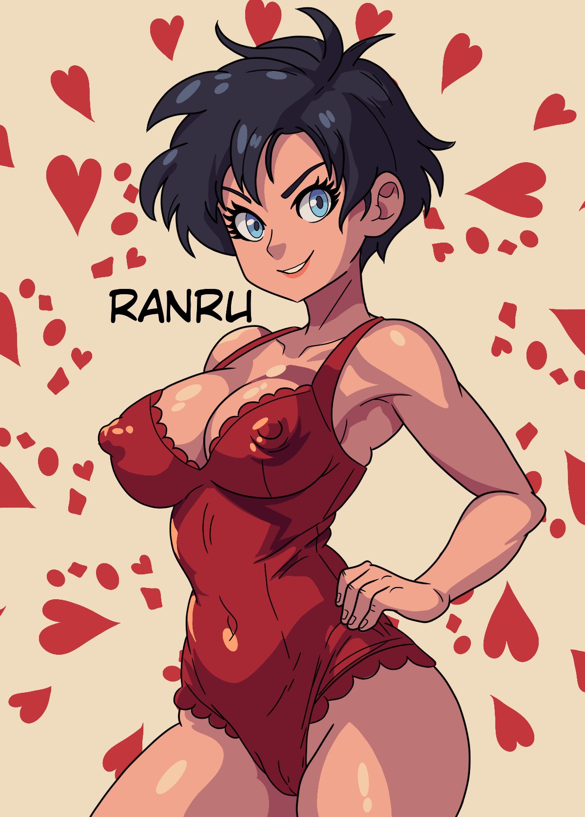 1girls areolae armpits athletic_female big_breasts black_hair blue_eyes breasts busty cleavage clothed curvy_figure dragon_ball dragon_ball_z female female_focus female_only heart_background highres large_breasts legs light-skinned_female lingerie looking_at_viewer nipples_visible_through_clothing ranru red_clothing shaved_pussy shiny shiny_skin short_hair smirk smug_grin standing teenage_girl teenager thick thick_legs thick_thighs toned_female videl voluptuous_female