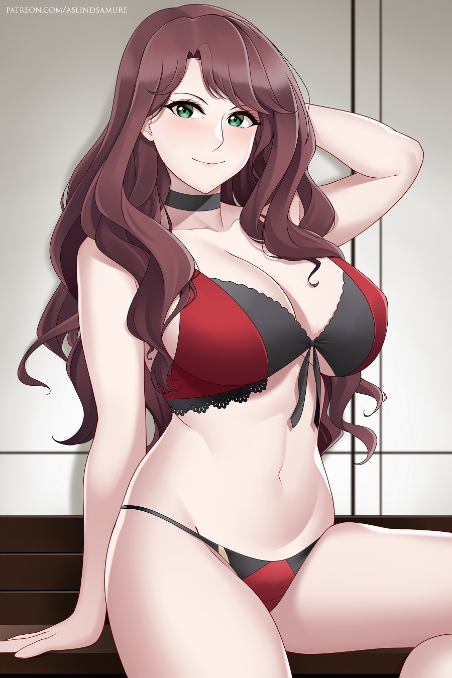 1girls aslindsamure bare_legs brown_hair choker cleavage clothed_female dorothea_arnault female female_only fire_emblem fire_emblem:_three_houses green_eyes large_breasts light-skinned_female light_skin lingerie long_hair midriff nintendo pale-skinned_female pale_skin solo thong watermark wavy_hair