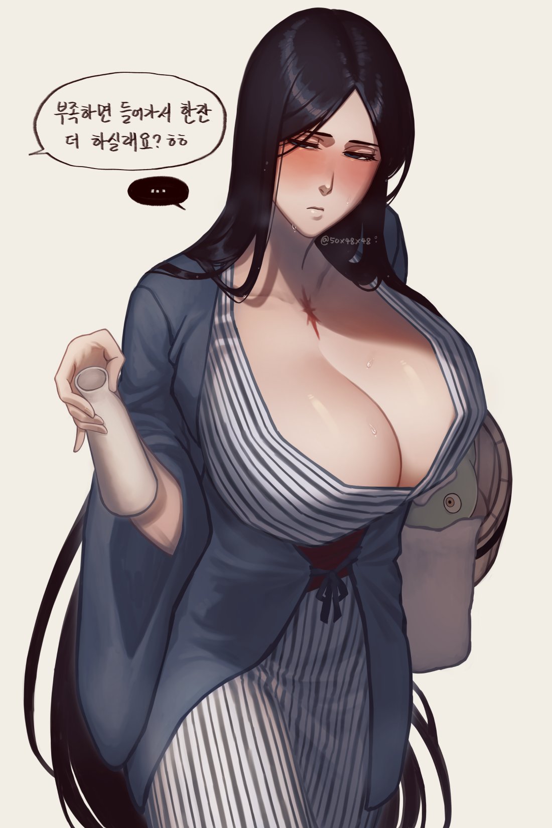 50x48x48 artist_name big_breasts black_hair bleach bleach:_the_thousand-year_blood_war blue_eyes blue_robe blush bucket busty cleavage female female_only gilf korean_text large_breasts long_hair long_hair_female milf minazuki_(bleach) sake scar scar_on_chest solo solo_female sweat sweating towel unohana_retsu unohana_yachiru white_background zanpakutou_spirit